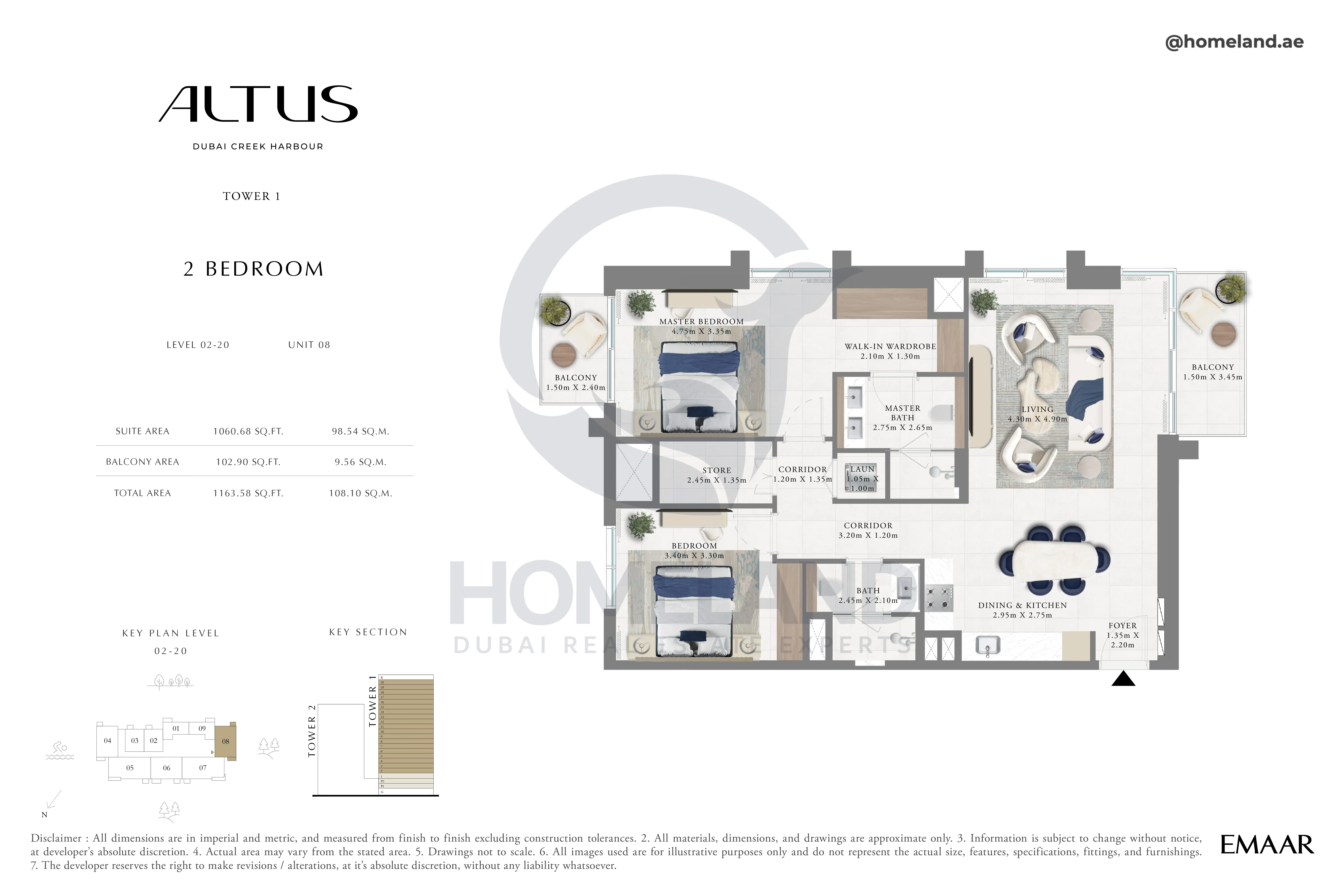 Altus, Tower 1, 2BR, Level 02-20, Unit 08, 1163 SQFT