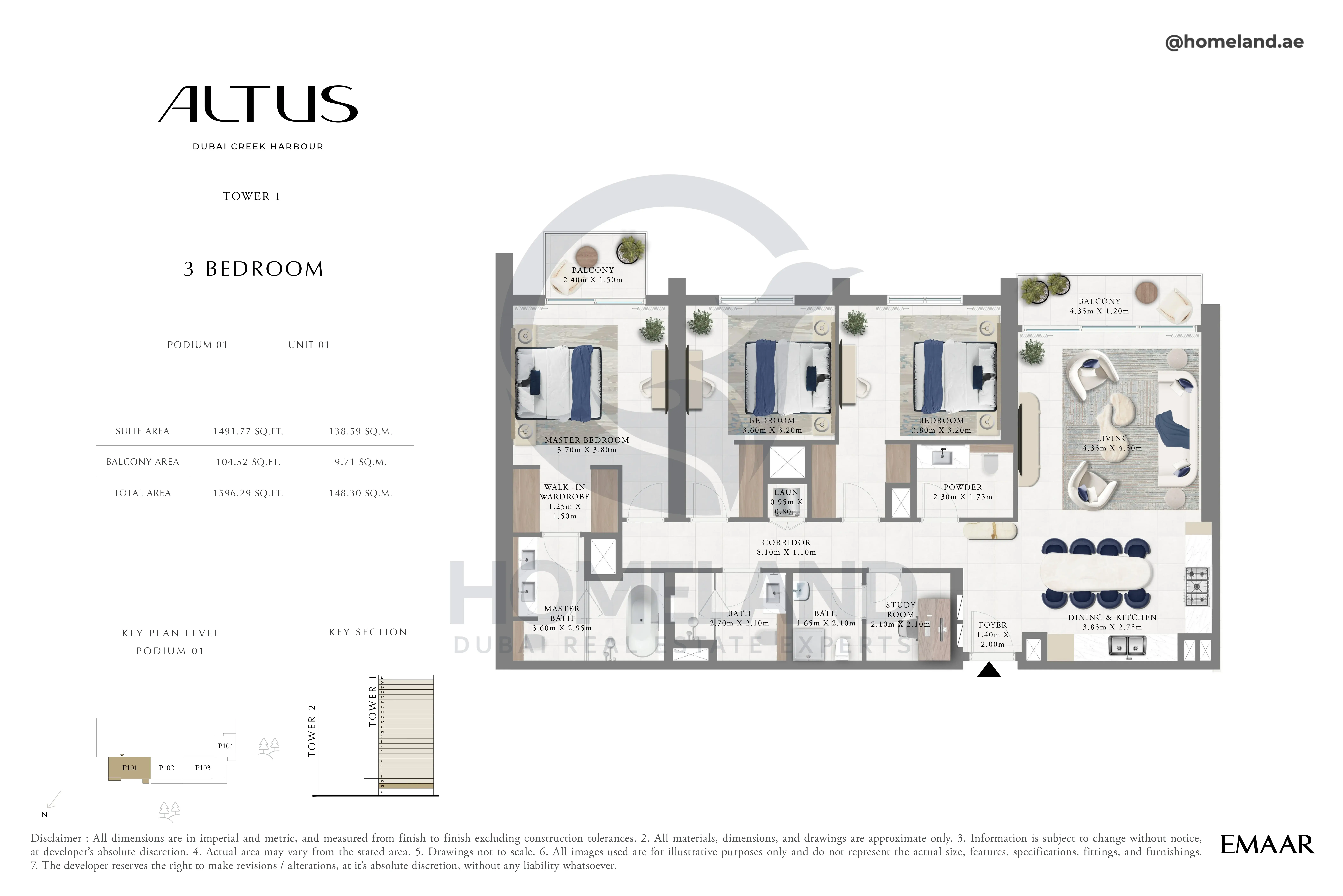 Altus, Tower 1, 3BR, Podium 01, Unit 01, 1596 SQFT