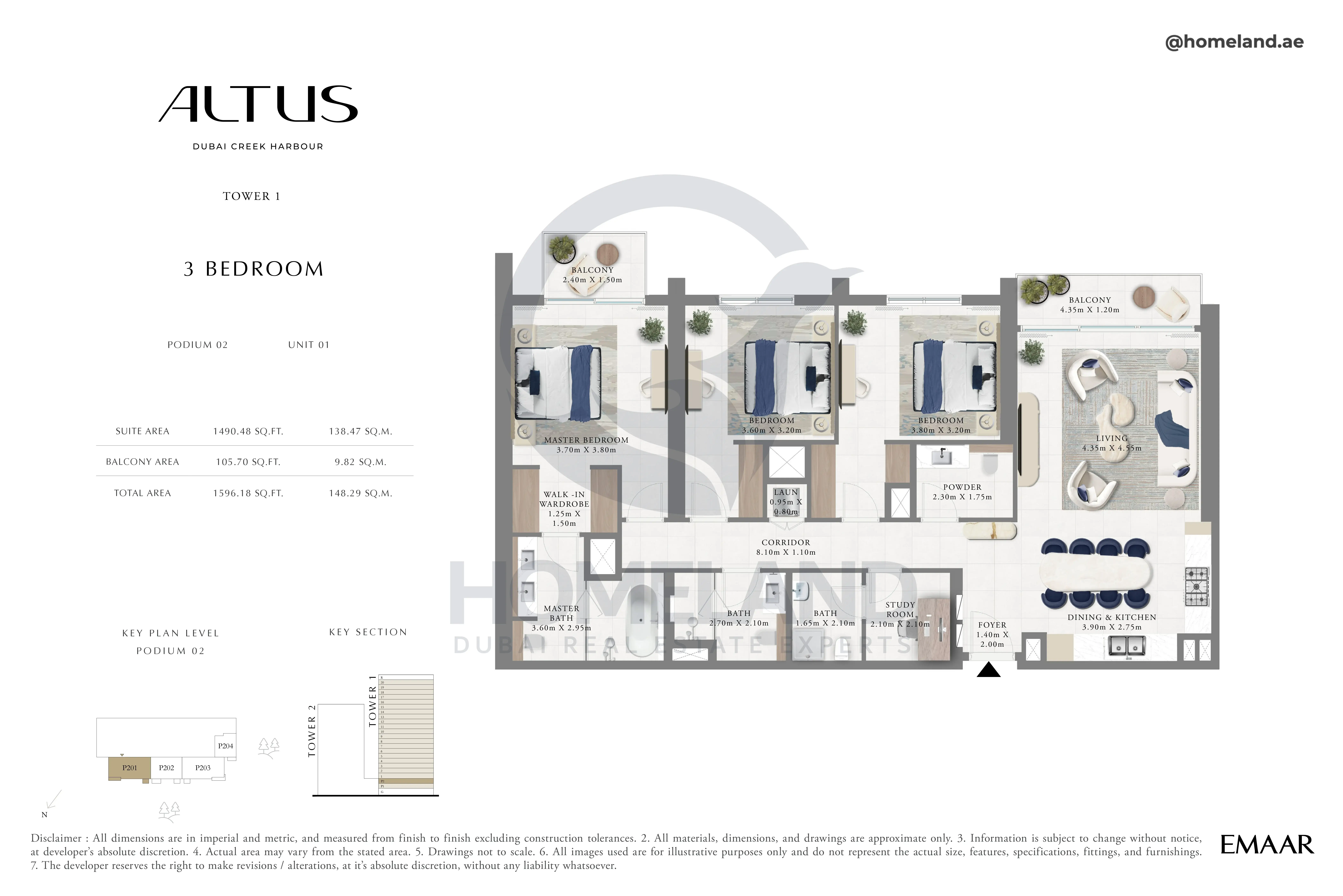 Altus, Tower 1, 3BR, Podium 02, Unit 01, 1596 SQFT