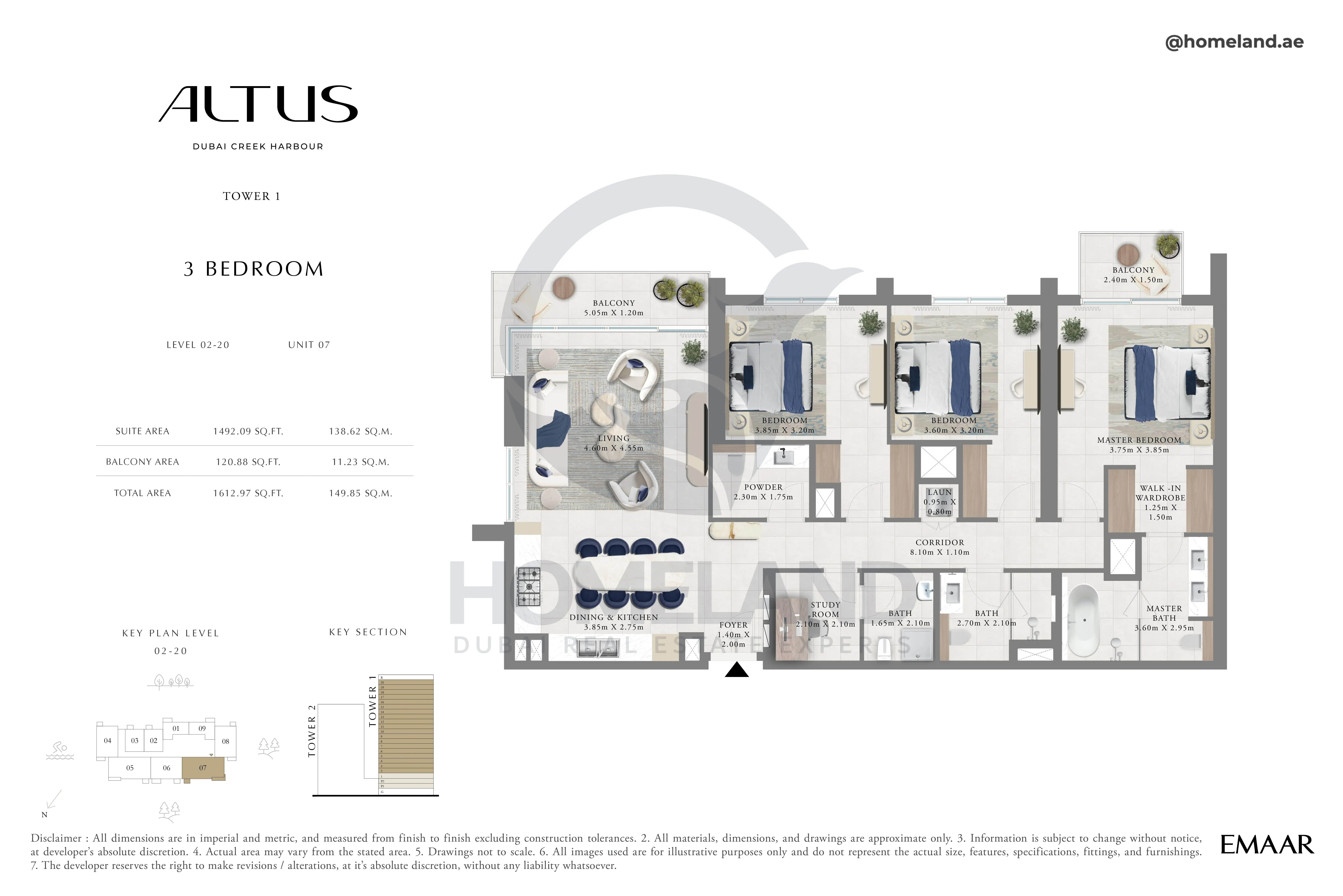 Altus, Tower 1, 3BR, Level 02-20, Unit 07, 1612 SQFT