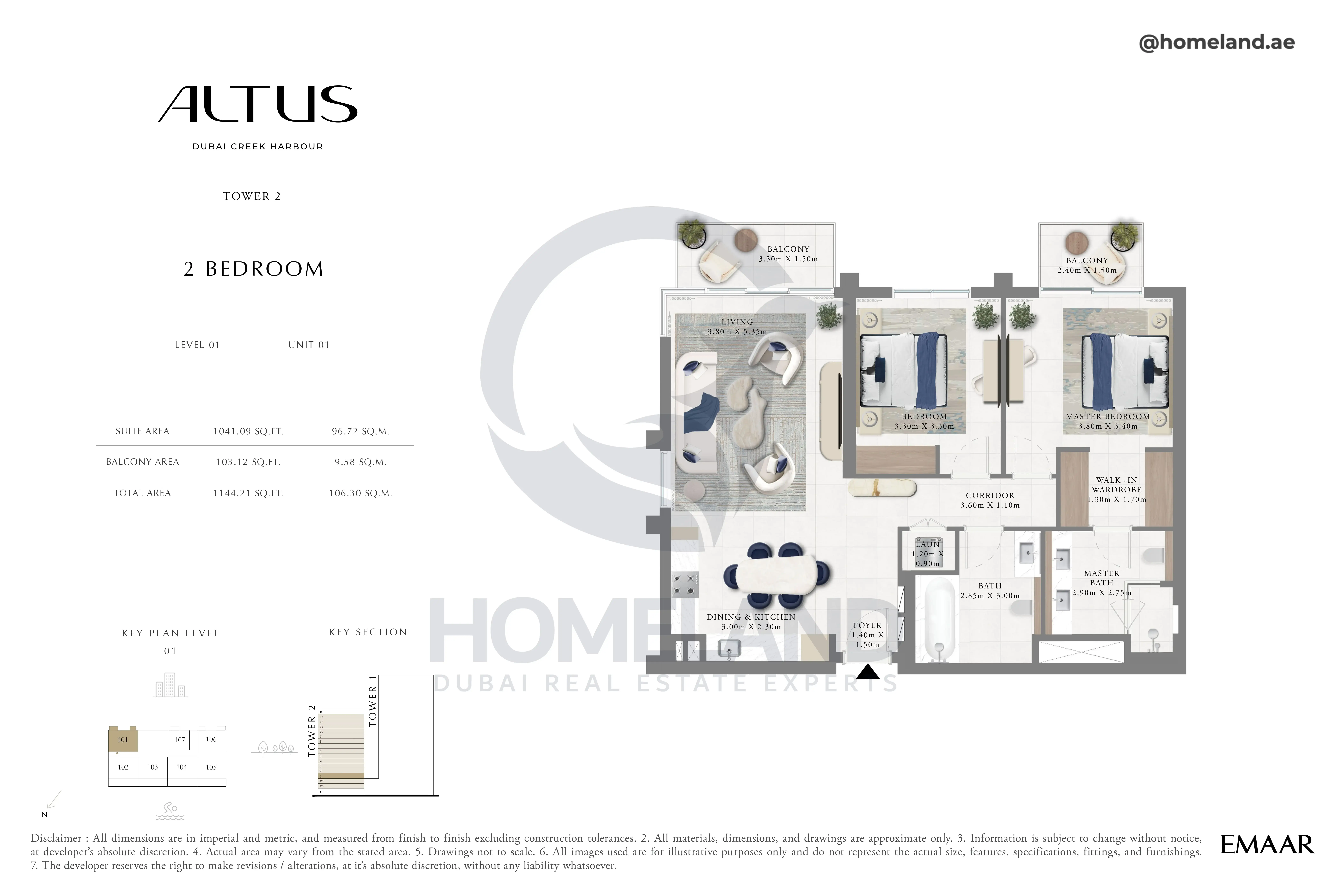 Altus, Tower 2, 2BR, Level 01, Unit 01, 1144 SQFT