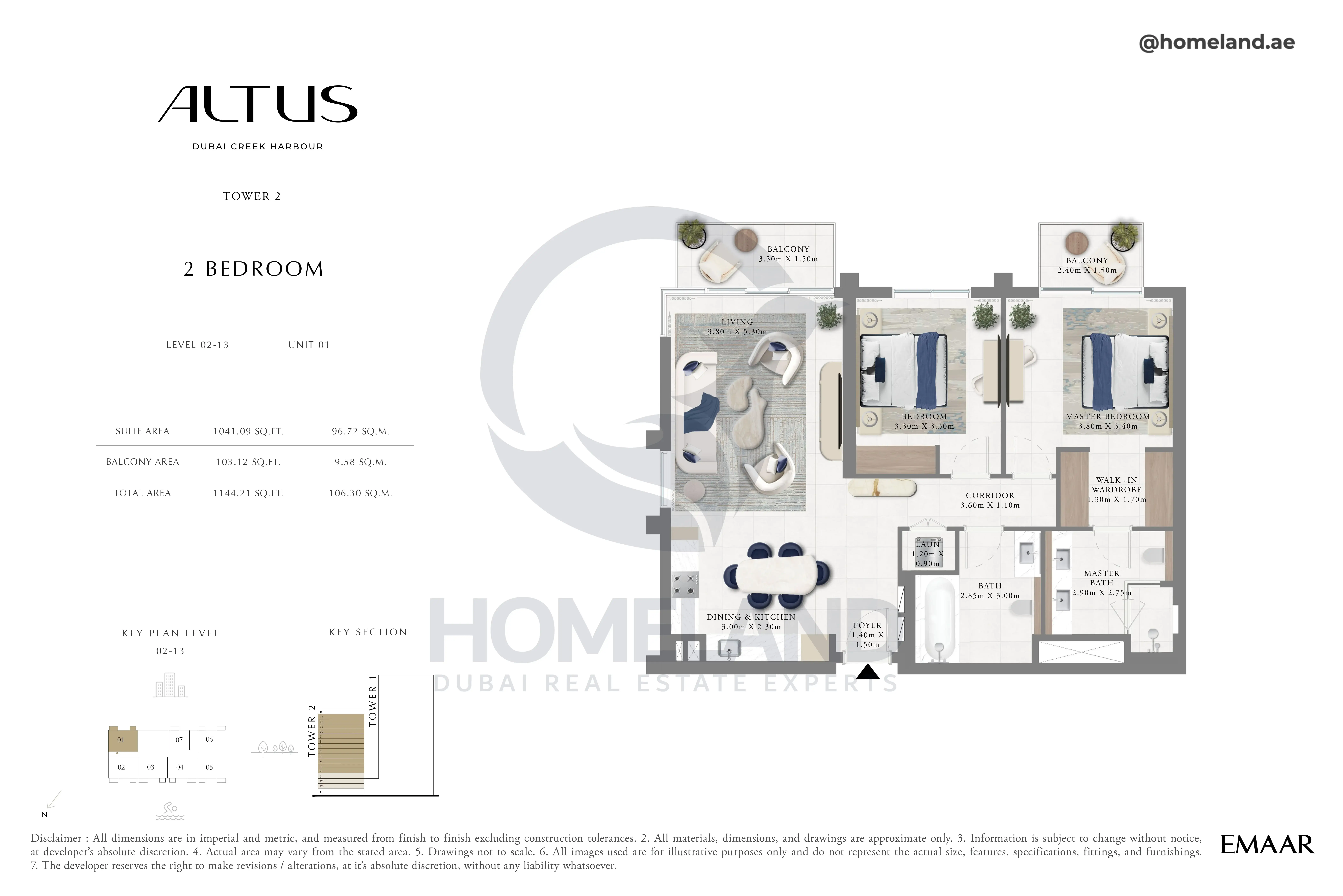 Altus, Tower 2, 2BR, Level 02-13, Unit 01, 1144 SQFT
