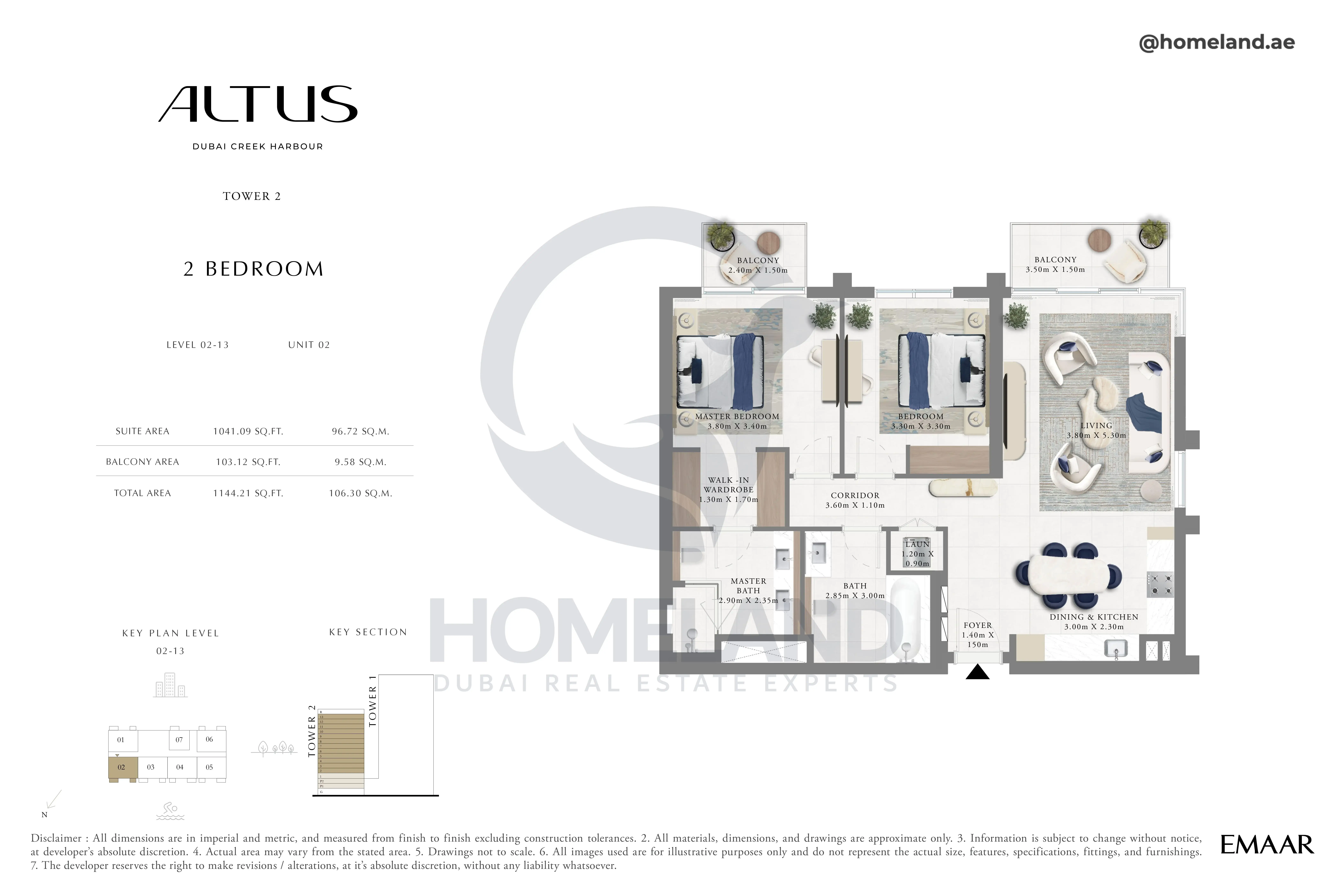 Altus, Tower 2, 2BR, Level 02-13, Unit 02, 1144 SQFT