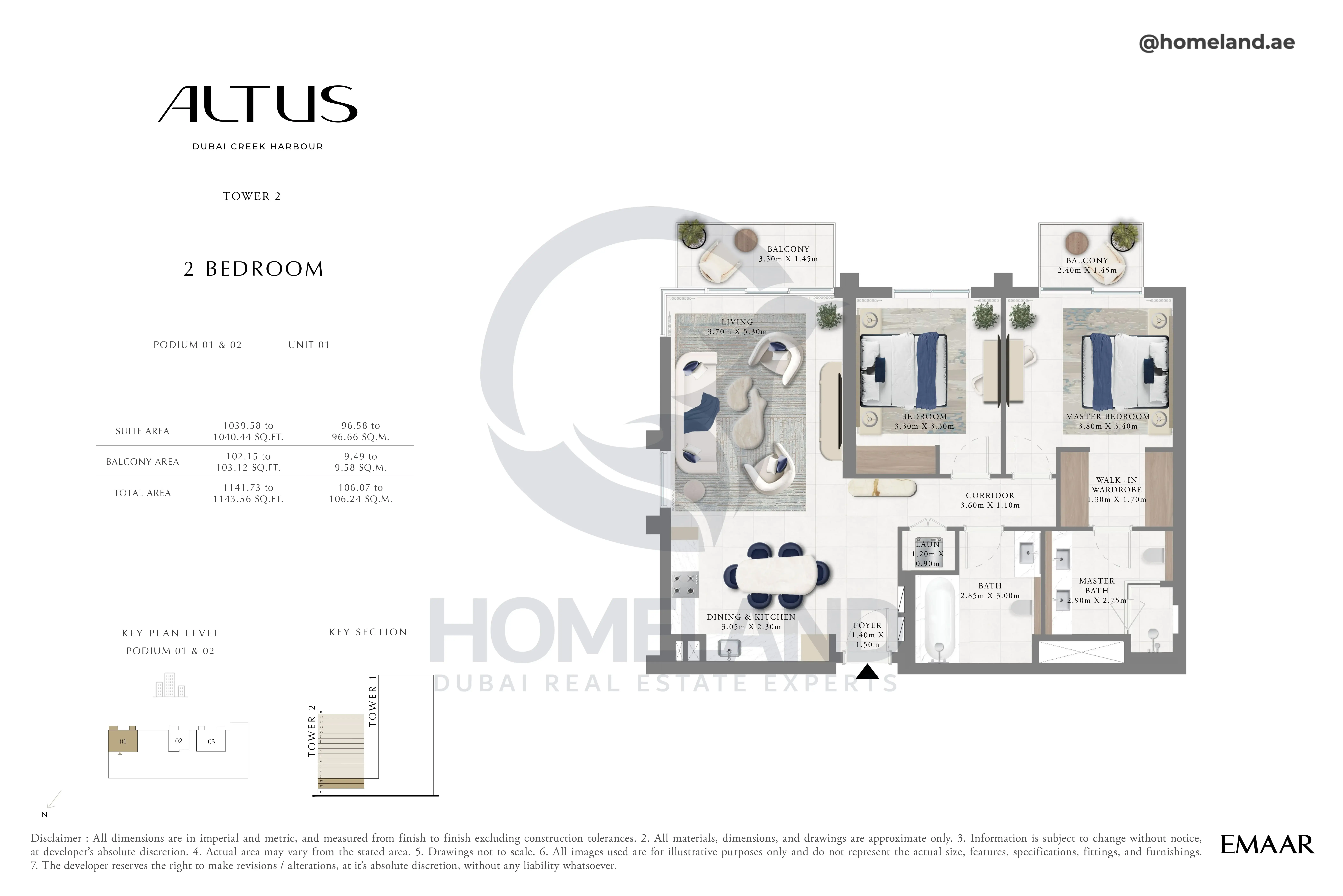 Altus, Tower 2, 2BR, Podium 01 & 02, Unit 01, 1143 SQFT