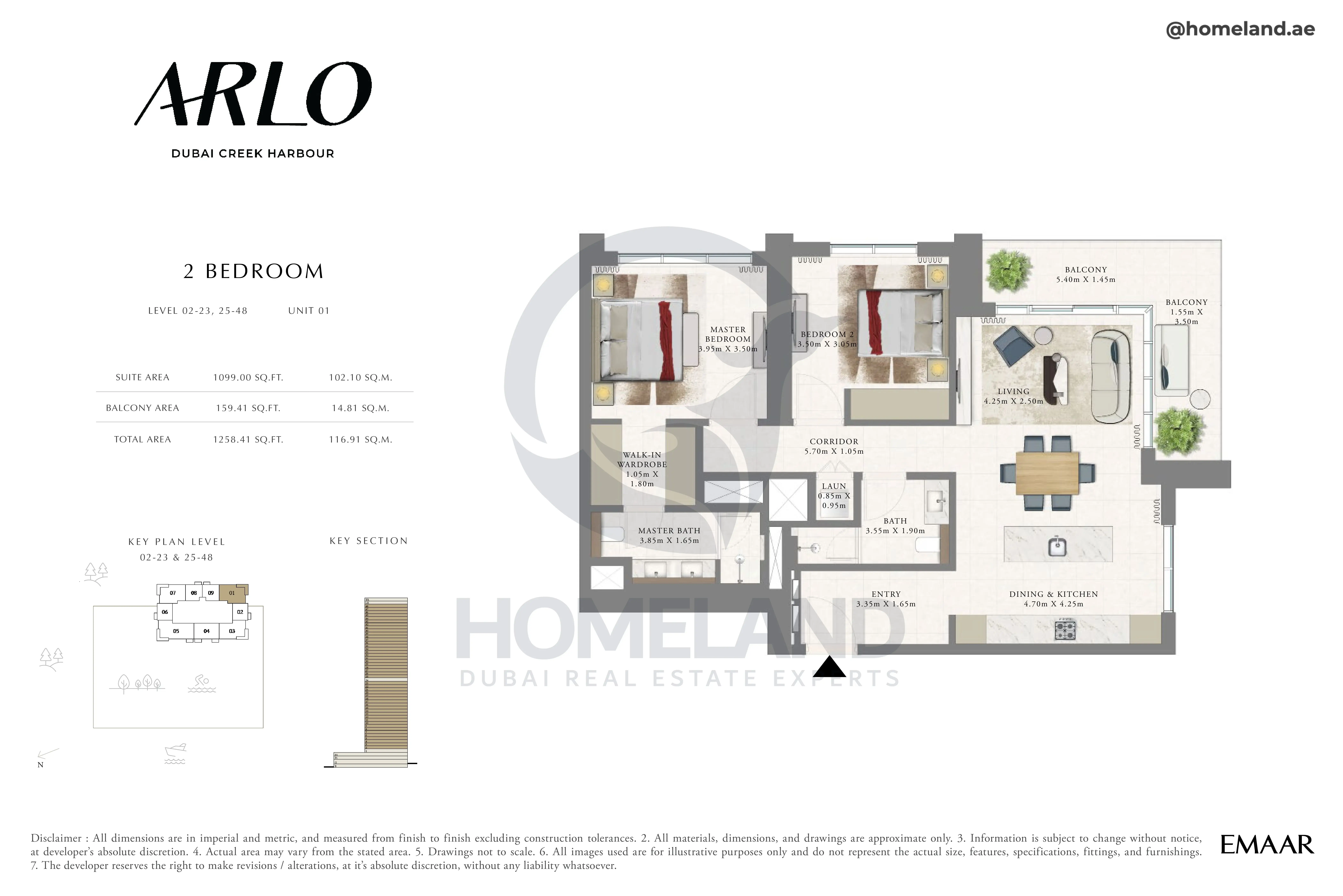 Arlo, 2BR, Level 02 to 23-25 to 48, Unit 01, 1258 SQFT