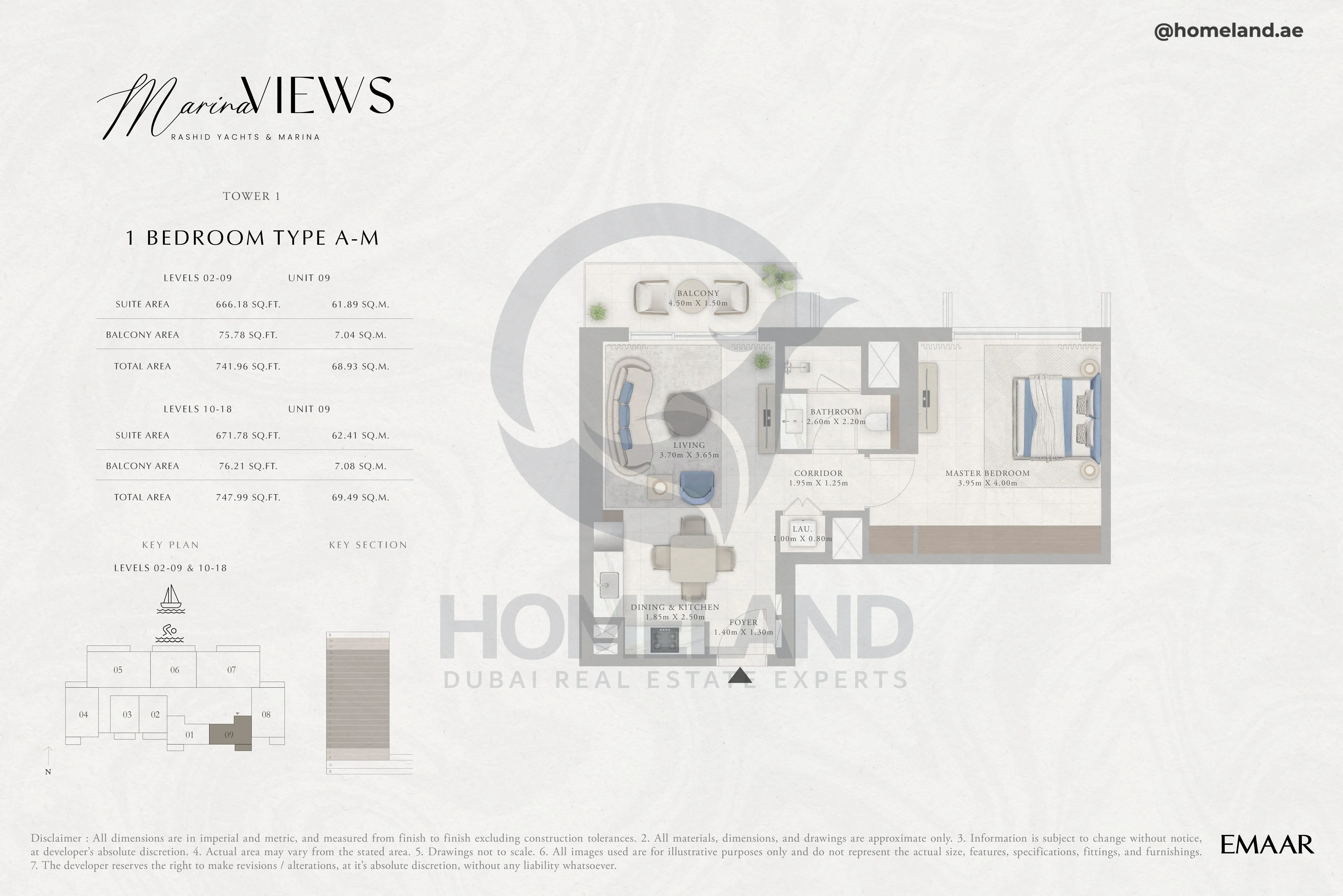 Marina Views, Tower 1, 1BR, Type A-M, Level 2 to 18, Unit 09, 747 SQFT