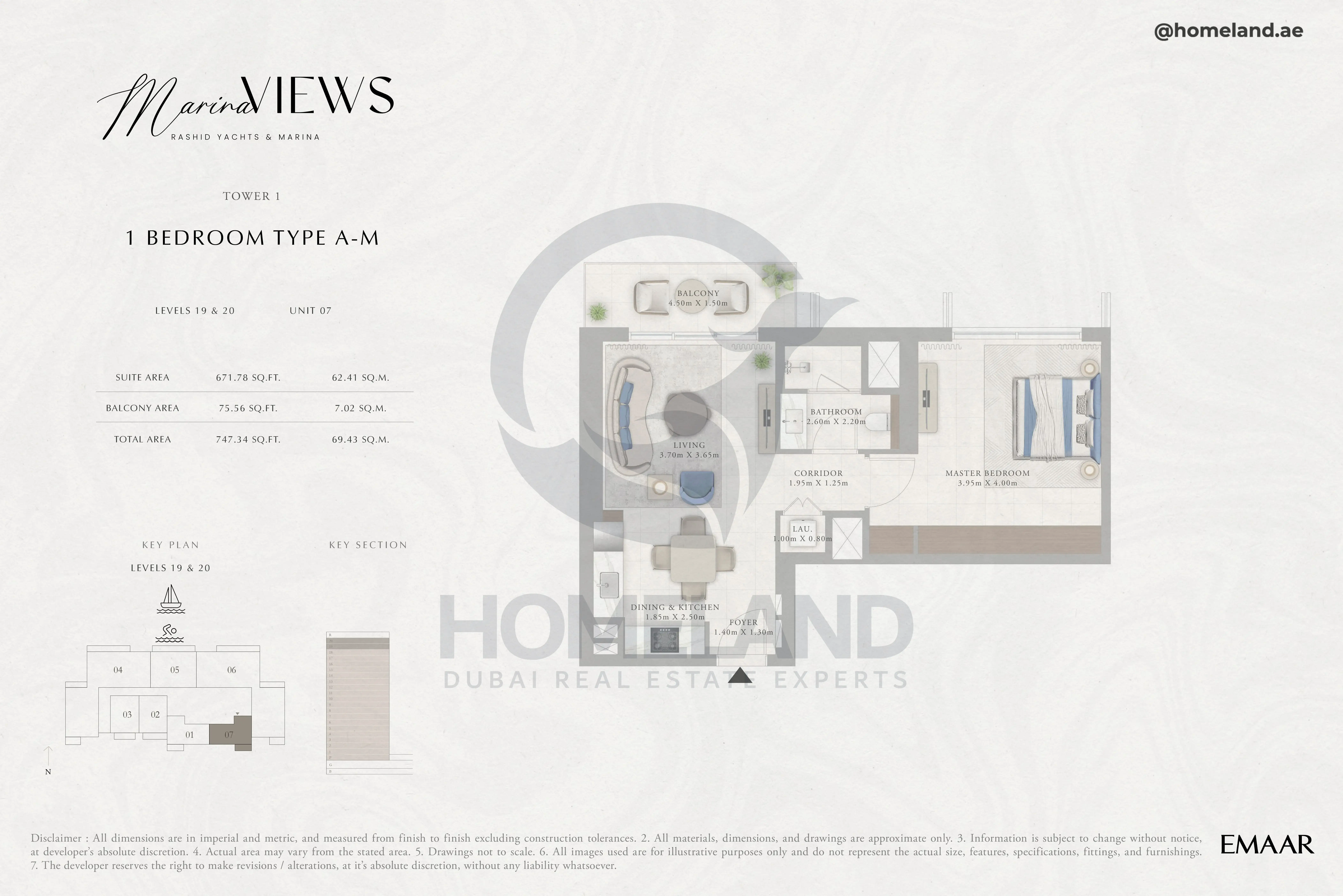 Marina Views, Tower 1, 1BR, Type A-M, Level 19 & 20, Unit 07, 747 SQFT