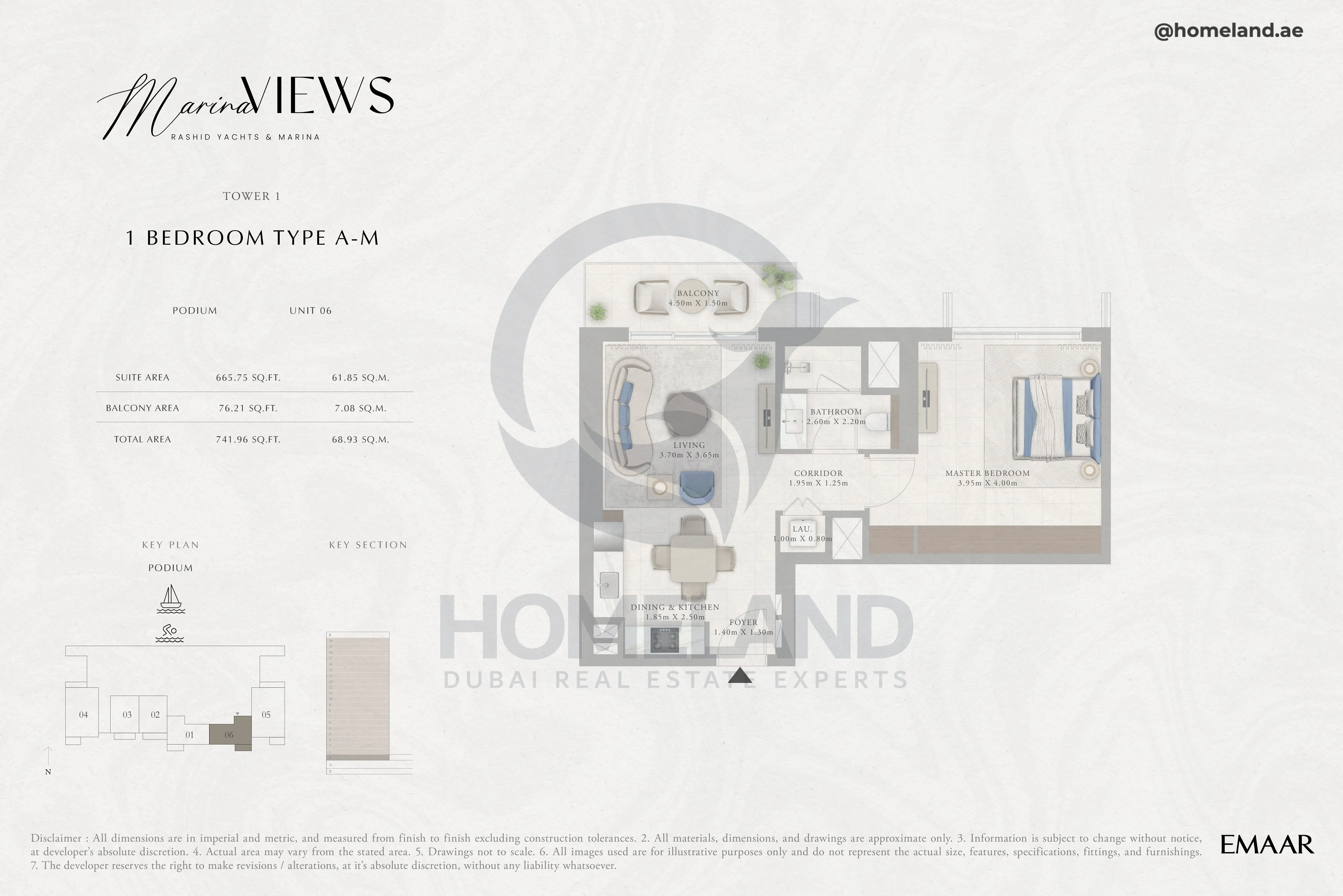 Marina Views, Tower 1, 1BR, Type A-M, Podium, Unit 06, 741 SQFT