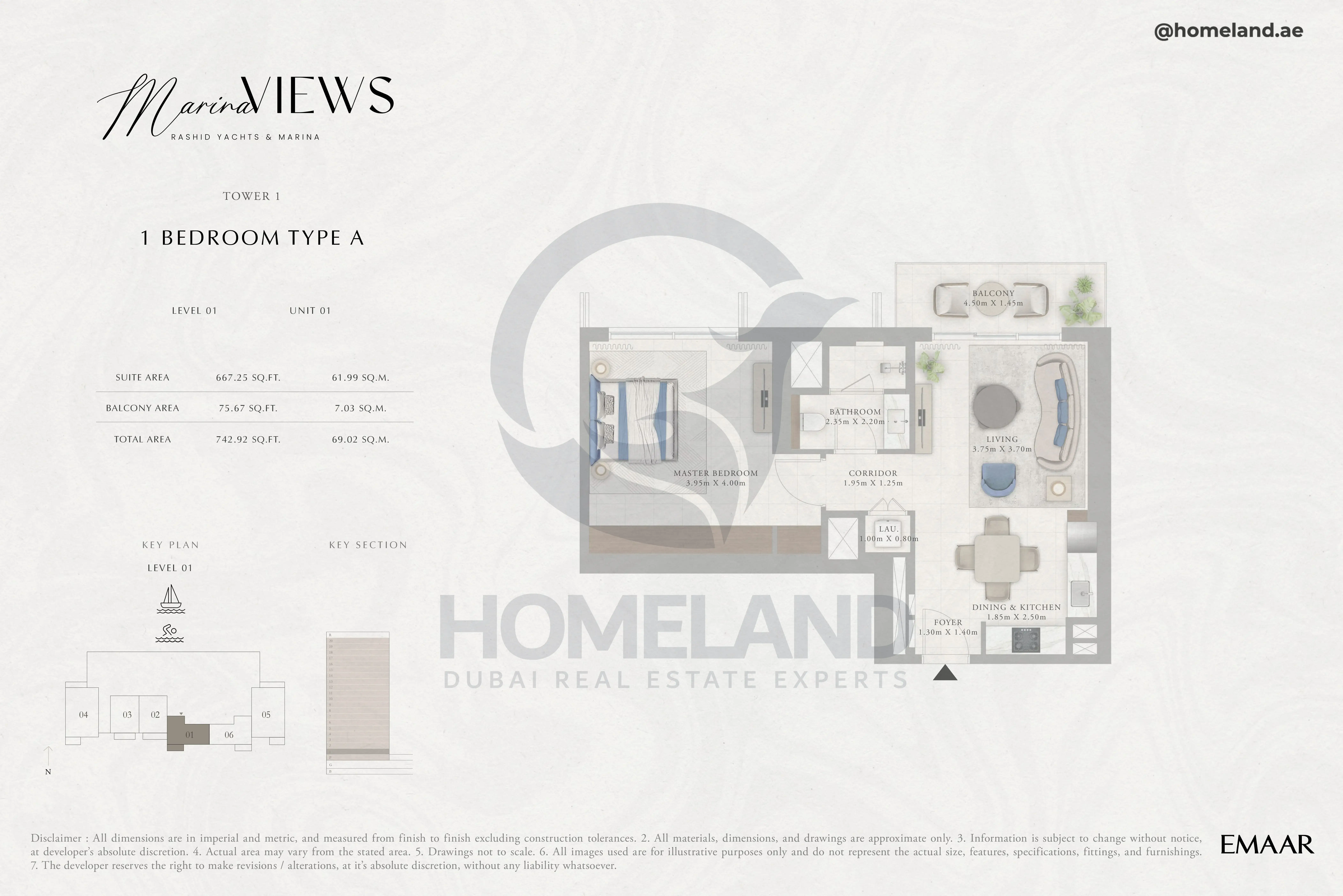 Marina Views, Tower 1, 1BR, Type A, Level 1, Unit 01, 742 SQFT