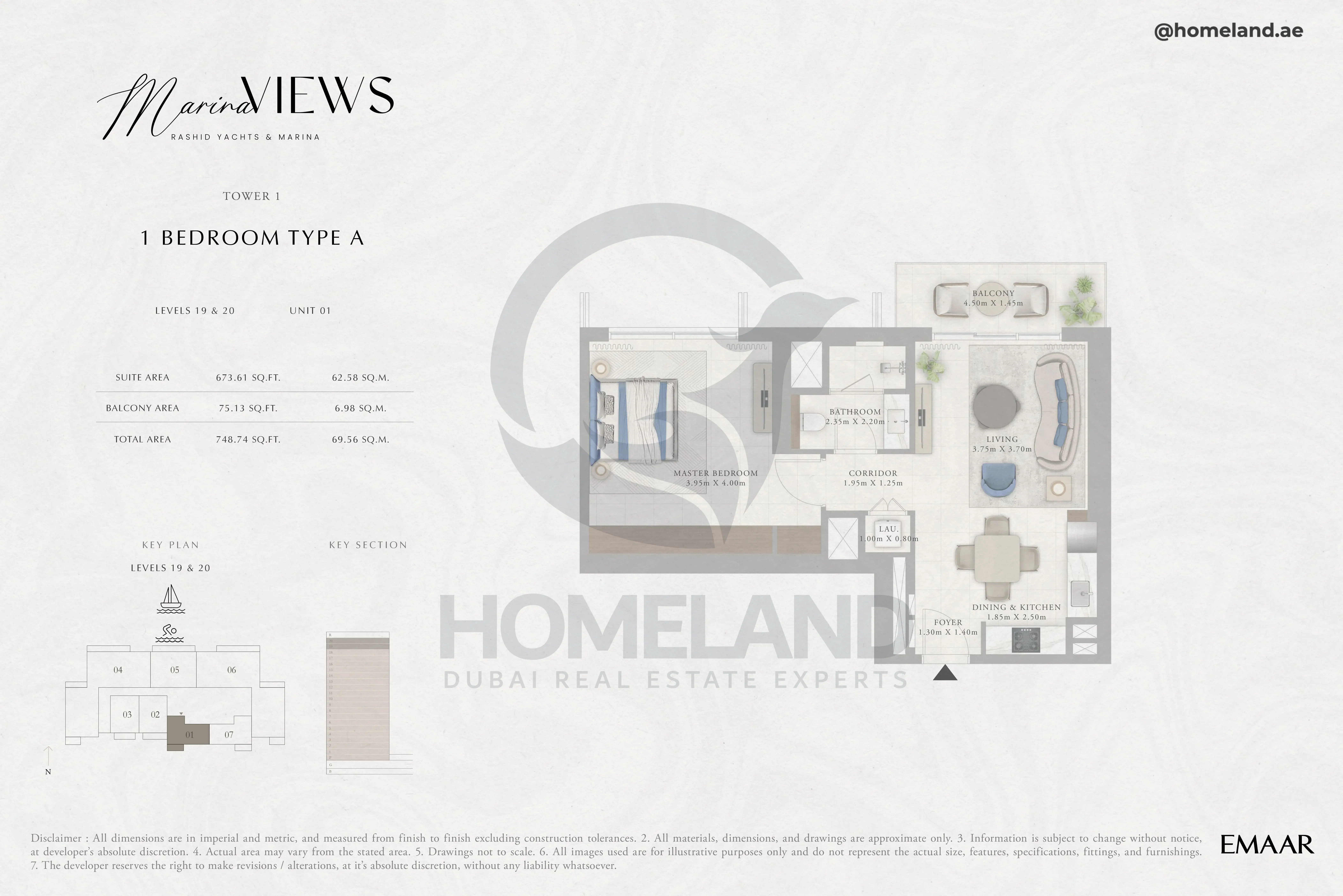 Marina Views, Tower 1, 1BR, Type A, Level 19 & 20, Unit 01, 748 SQFT