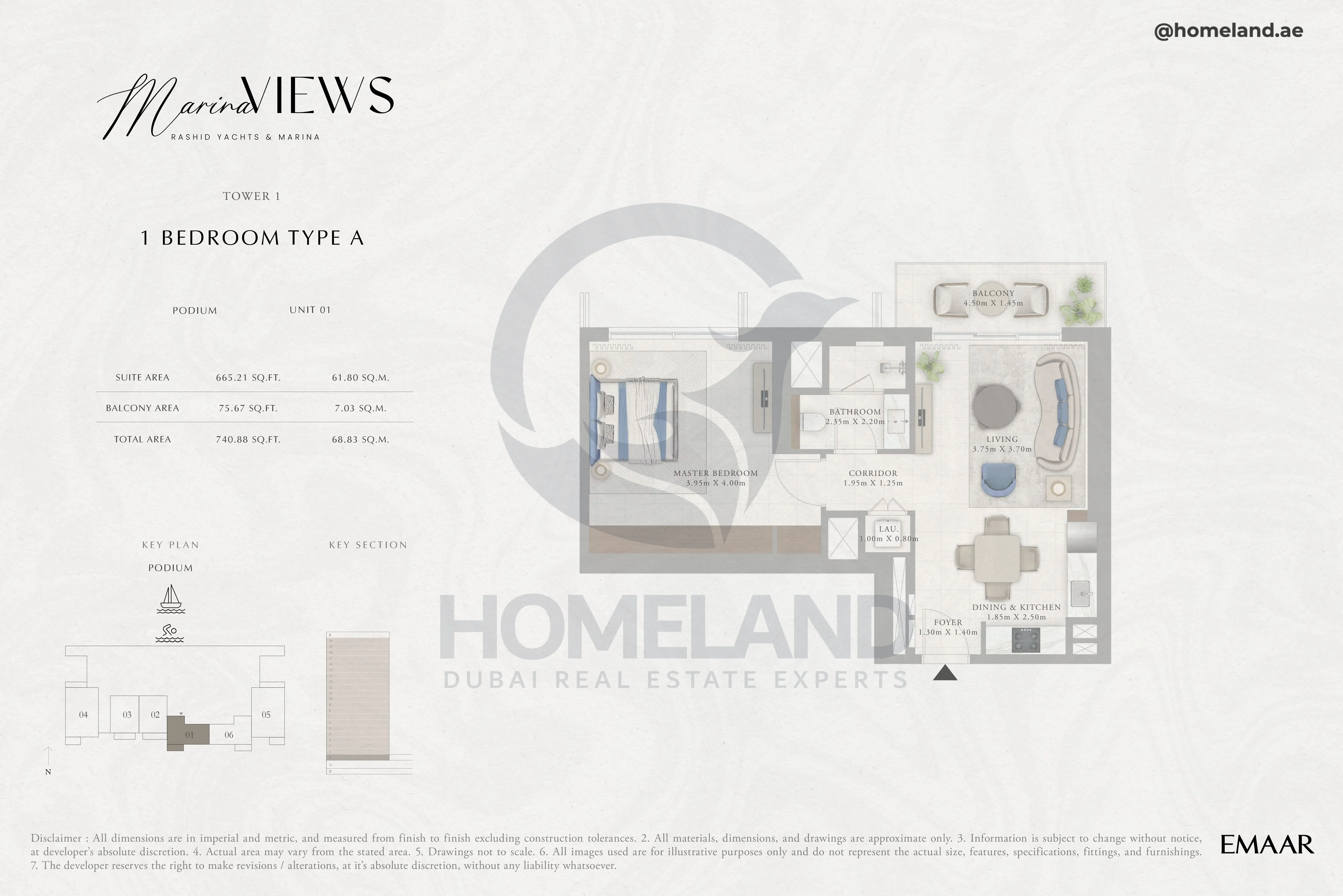 Marina Views, Tower 1, 1BR, Type A, Podium, Unit 01, 740 SQFT