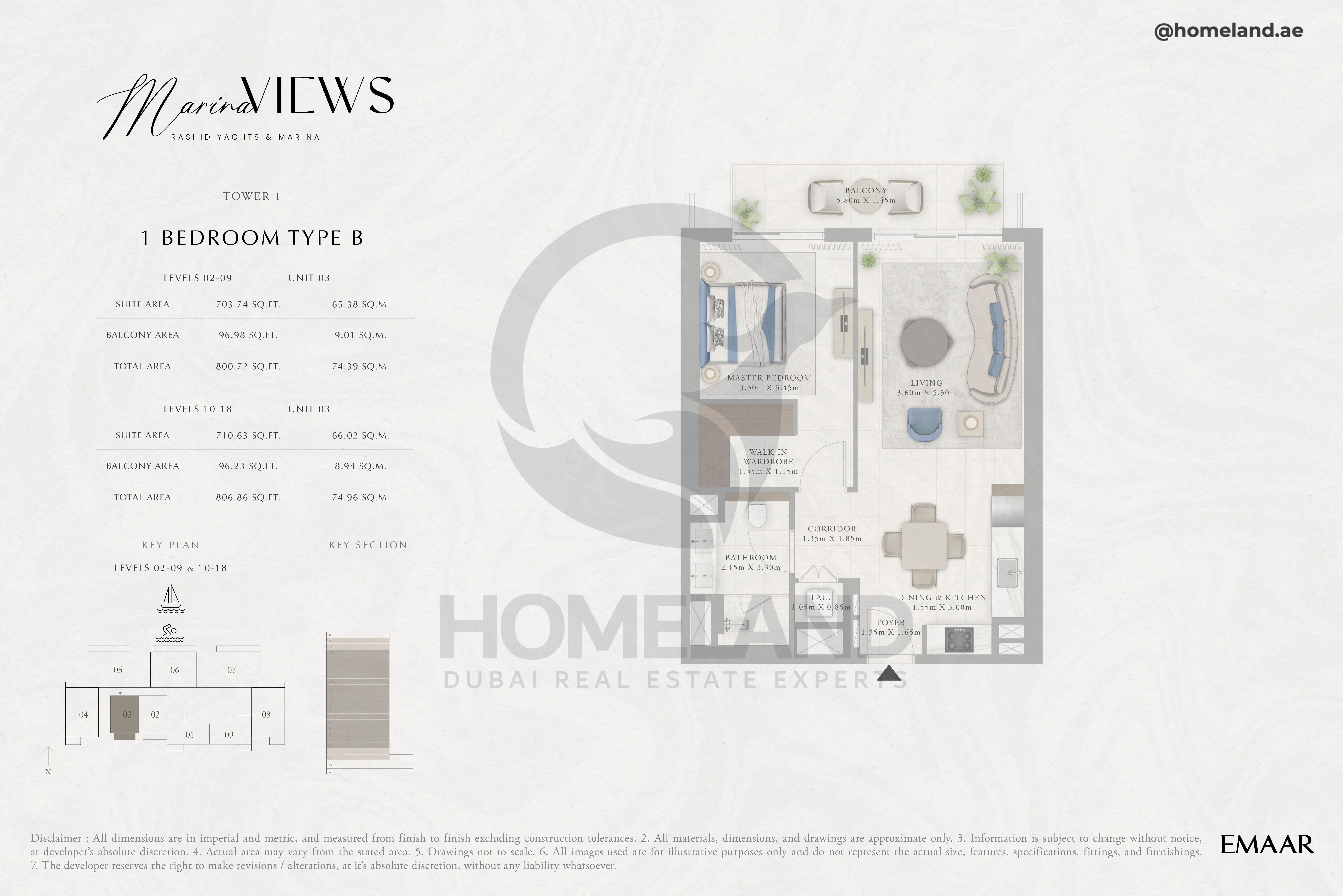 Marina Views, Tower 1, 1BR, Type B, Level 2 to 18, Unit 03, 806 SQFT