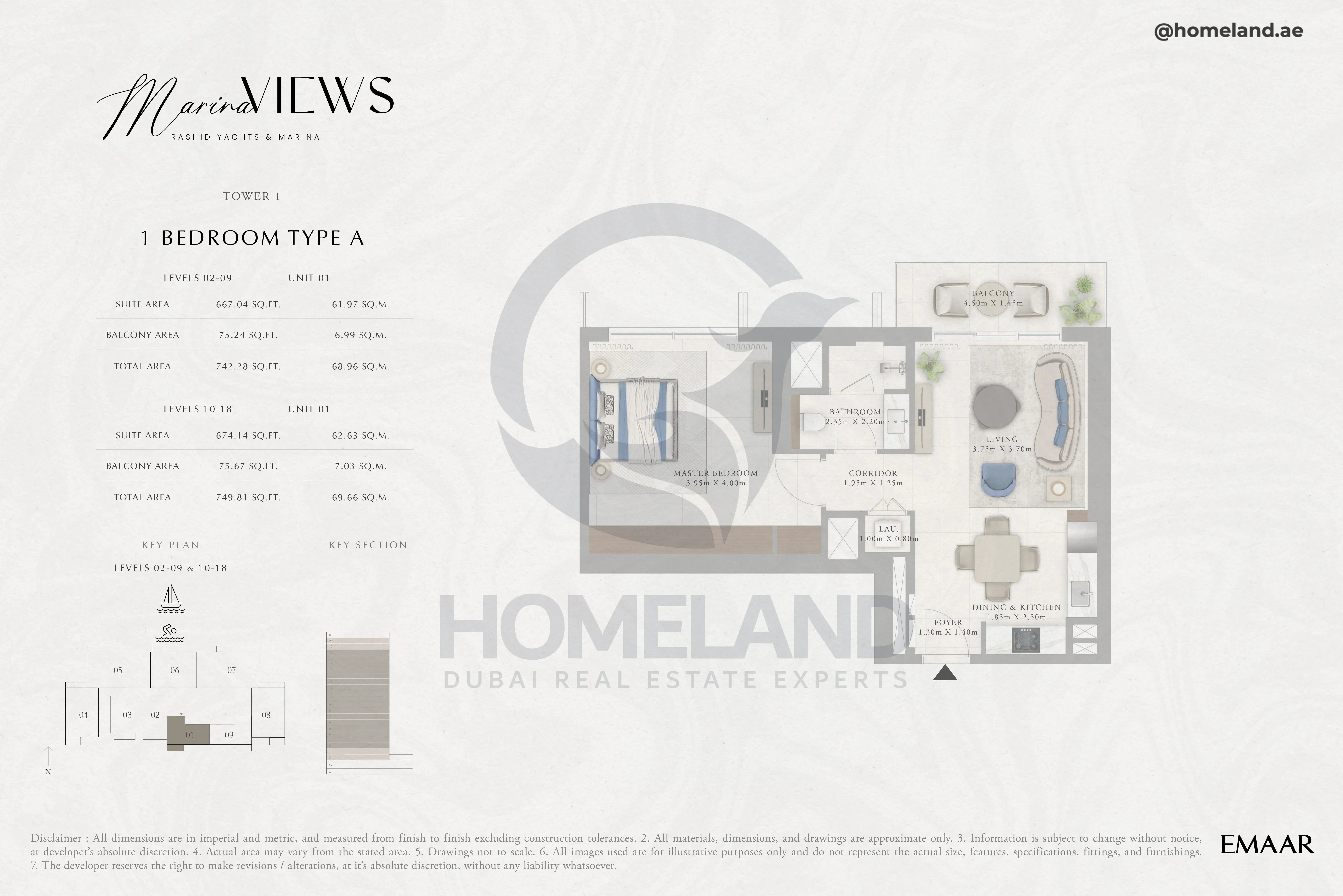 Marina Views, Tower 1, 1BR, Type A, Level 2 to 18, Unit 01, 749 SQFT