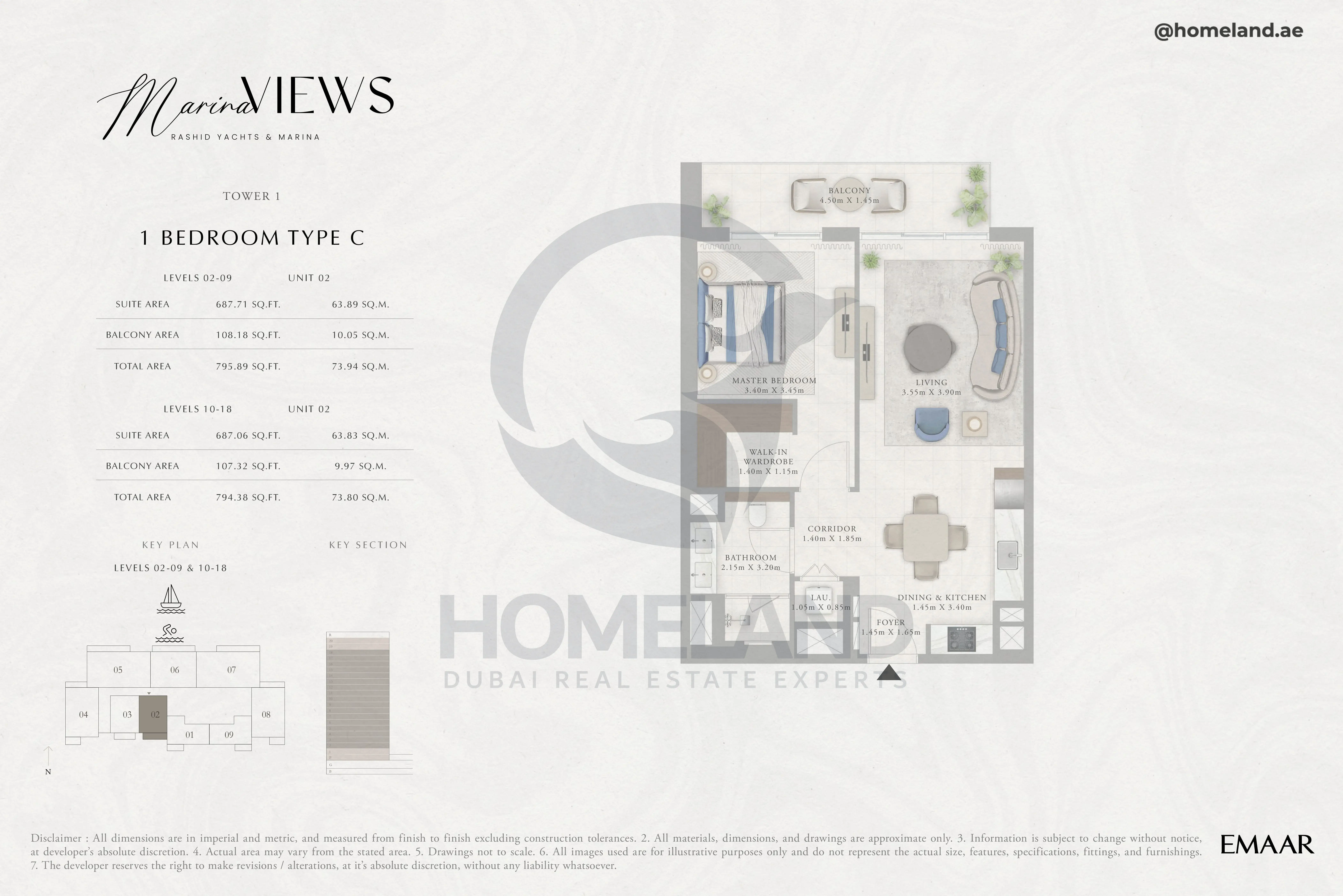 Marina Views, Tower 1, 1BR, Type C, Level 2 to 18, Unit 02, 795 SQFT