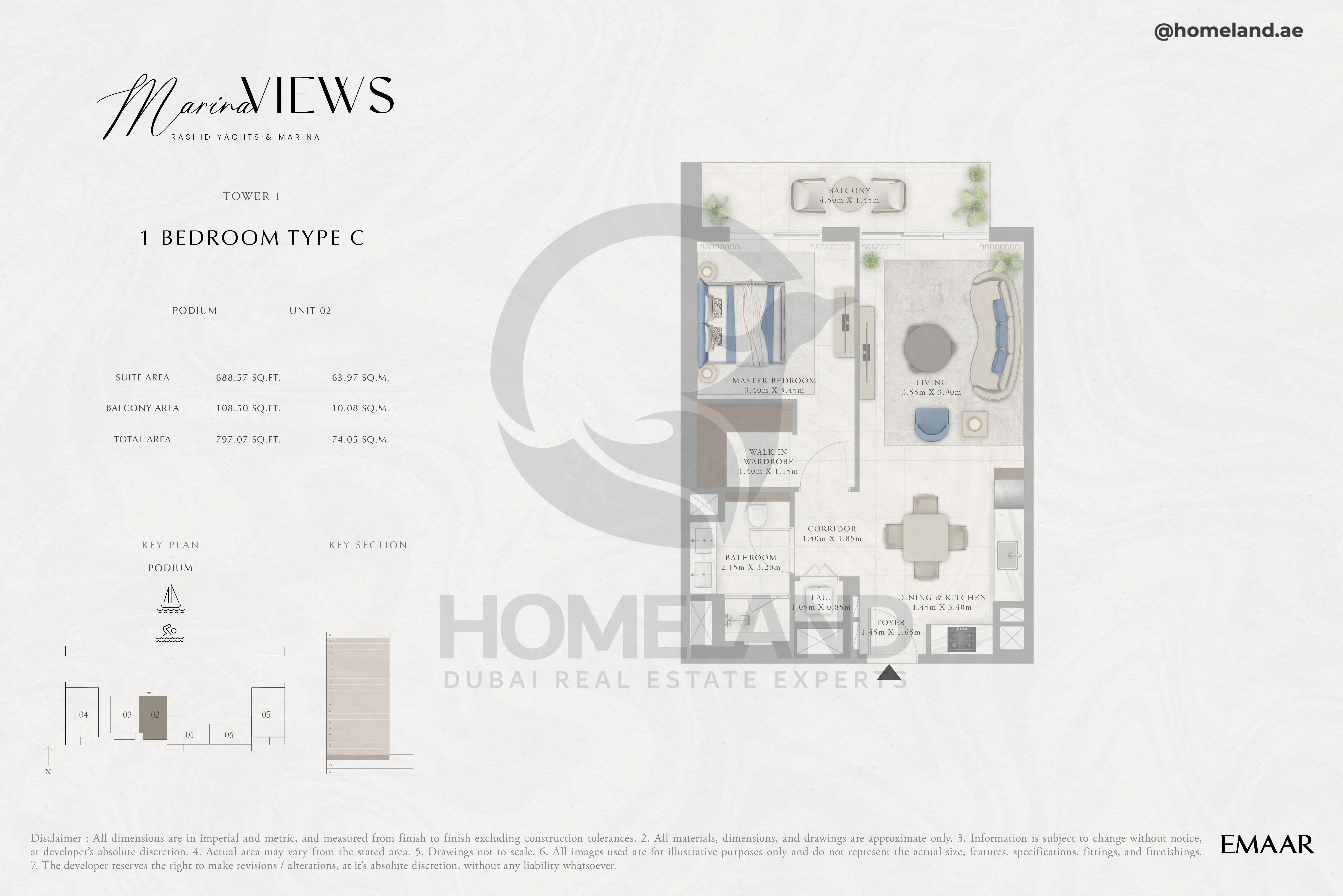 Marina Views, Tower 1, 1BR, Type C, Podium, Unit 02, 797 SQFT