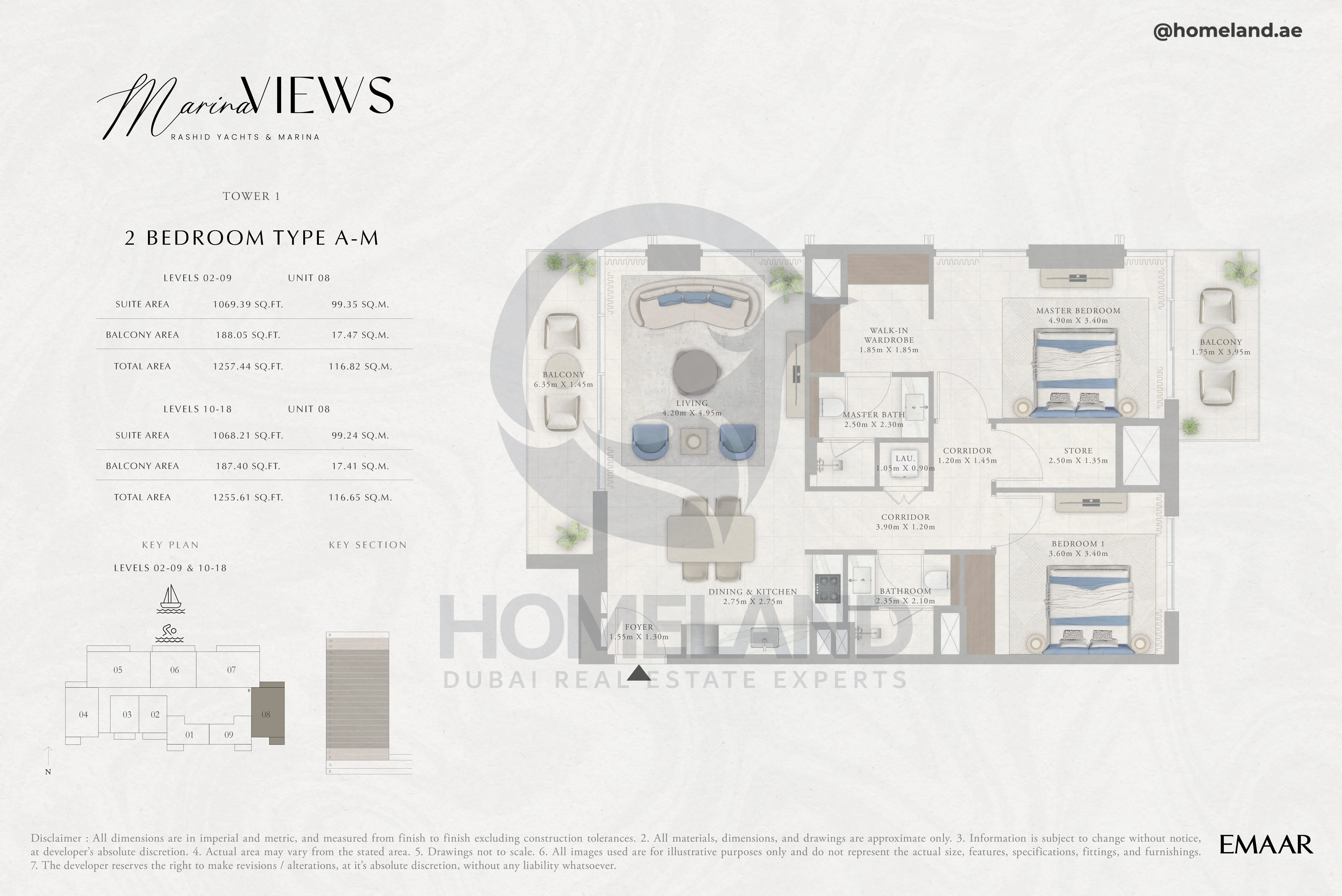 Marina Views, Tower 1, 2BR, Type A-M, Level 2 to 18, Unit 08, 1257 SQFT