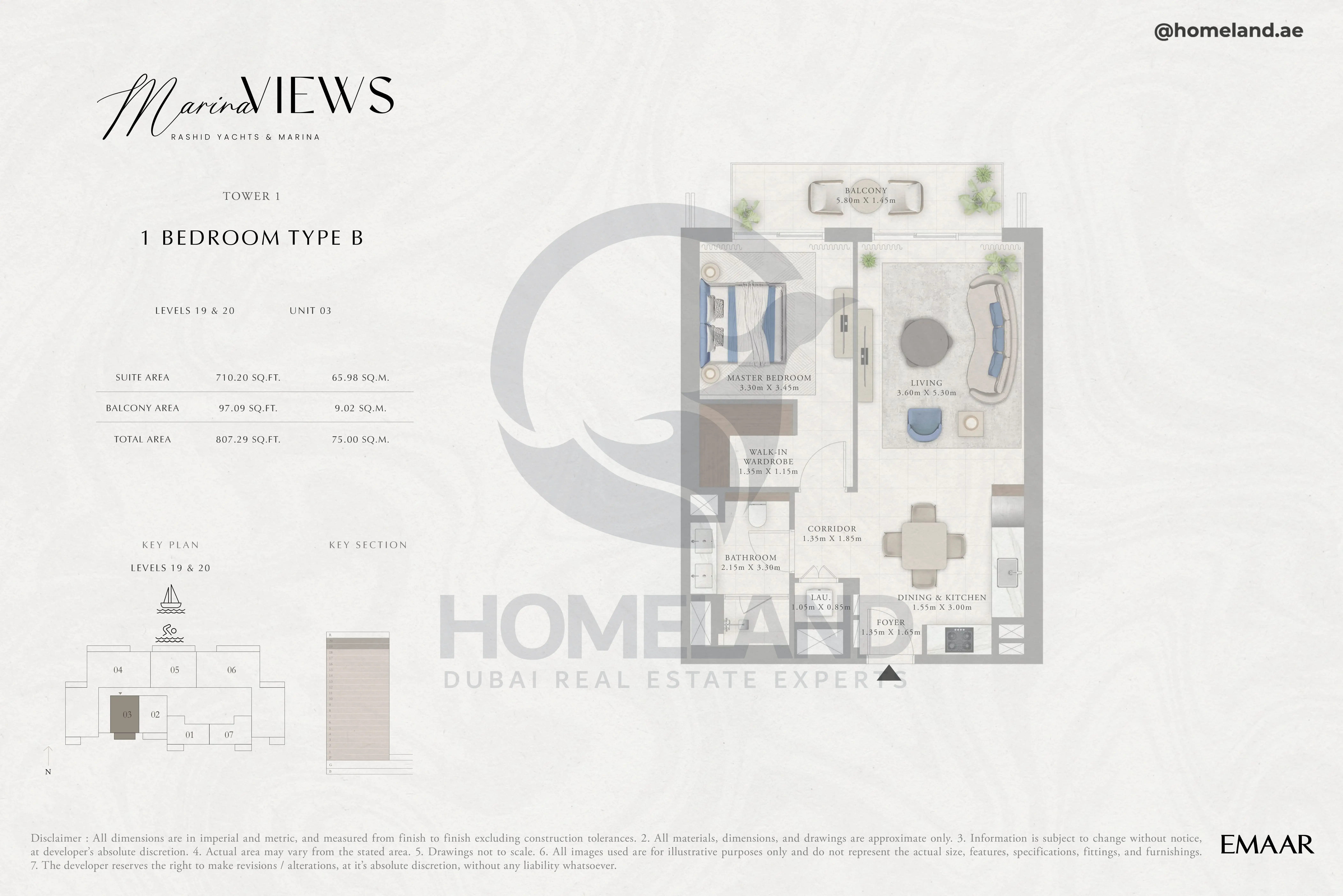 Marina Views, Tower 1, 1BR, Type B, Level 19 & 20, Unit 03, 807 SQFT