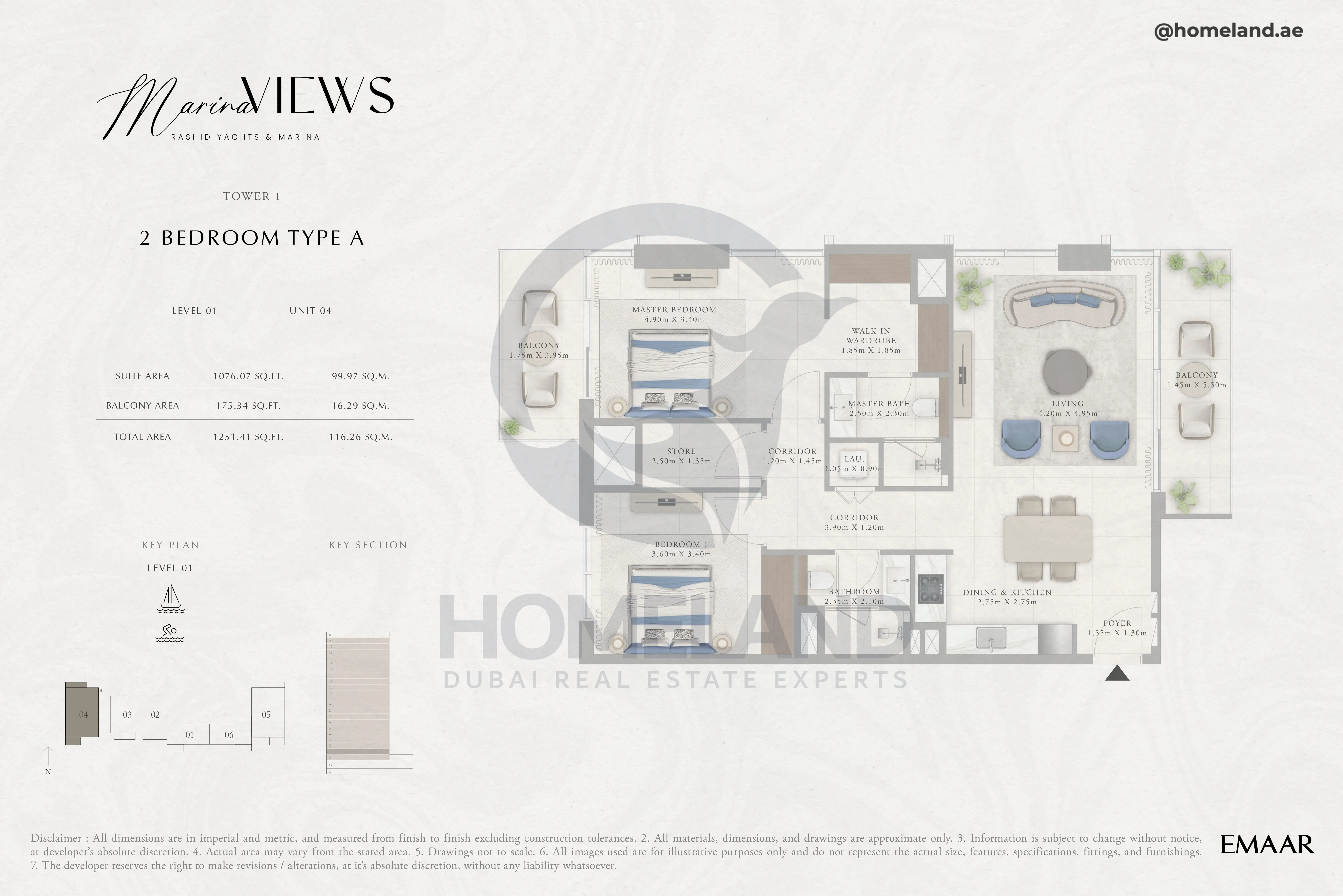 Marina Views, Tower 1, 2BR, Type A, Level 1, Unit 04, 1251 SQFT