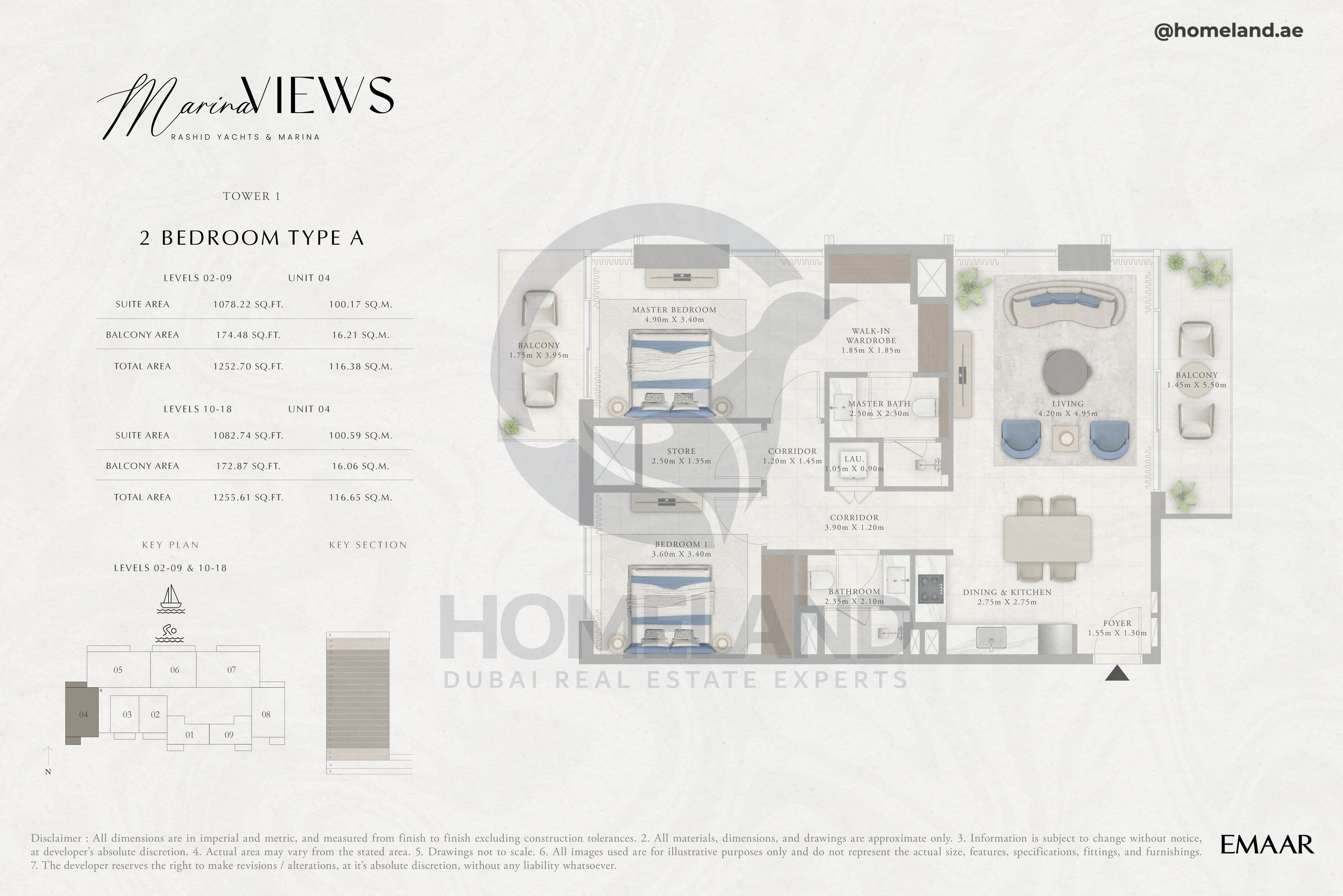 Marina Views, Tower 1, 2BR, Type A, Level 2 to 18, Unit 04, 1255 SQFT