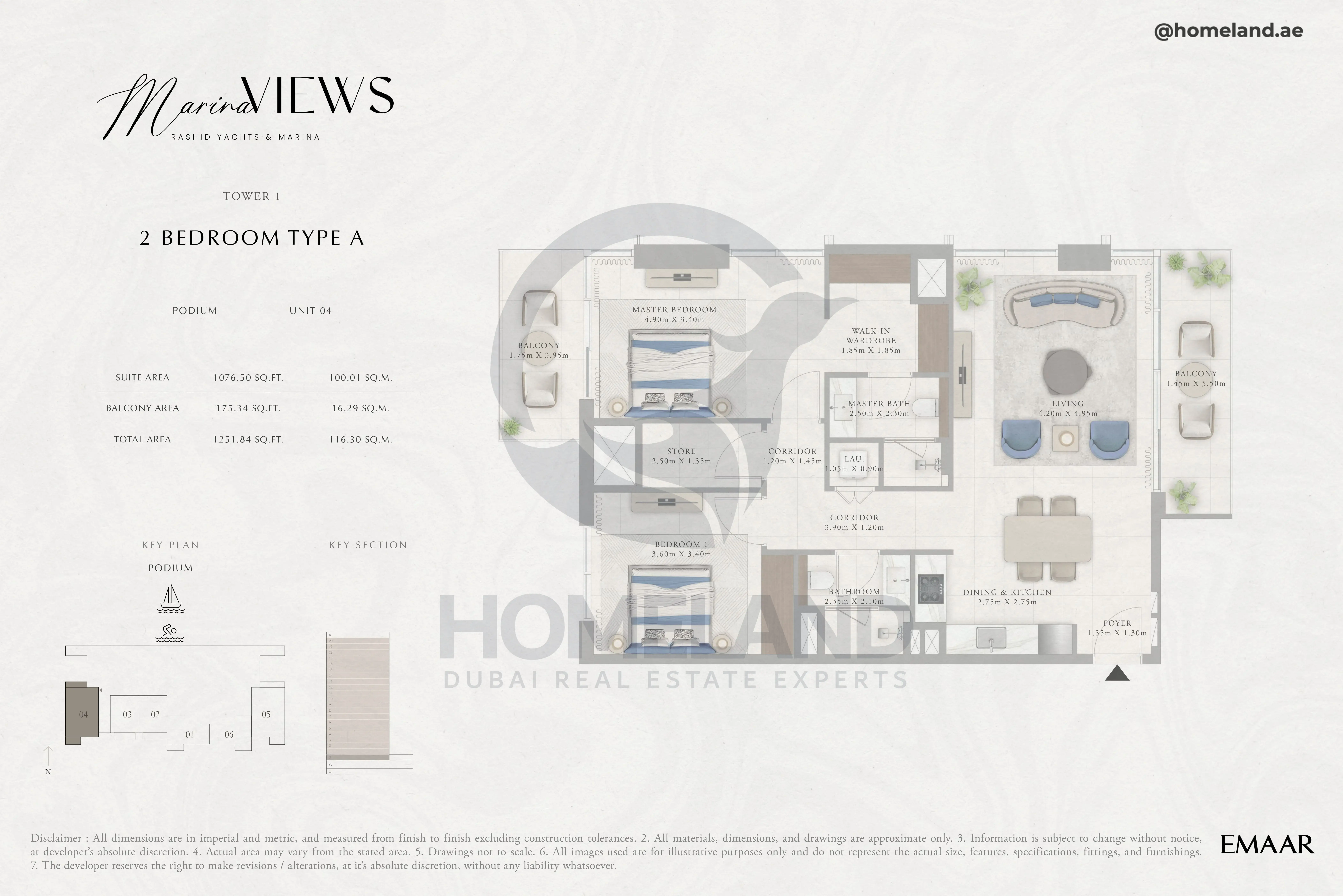 Marina Views, Tower 1, 2BR, Type A, Podium, Unit 04, 1251 SQFT
