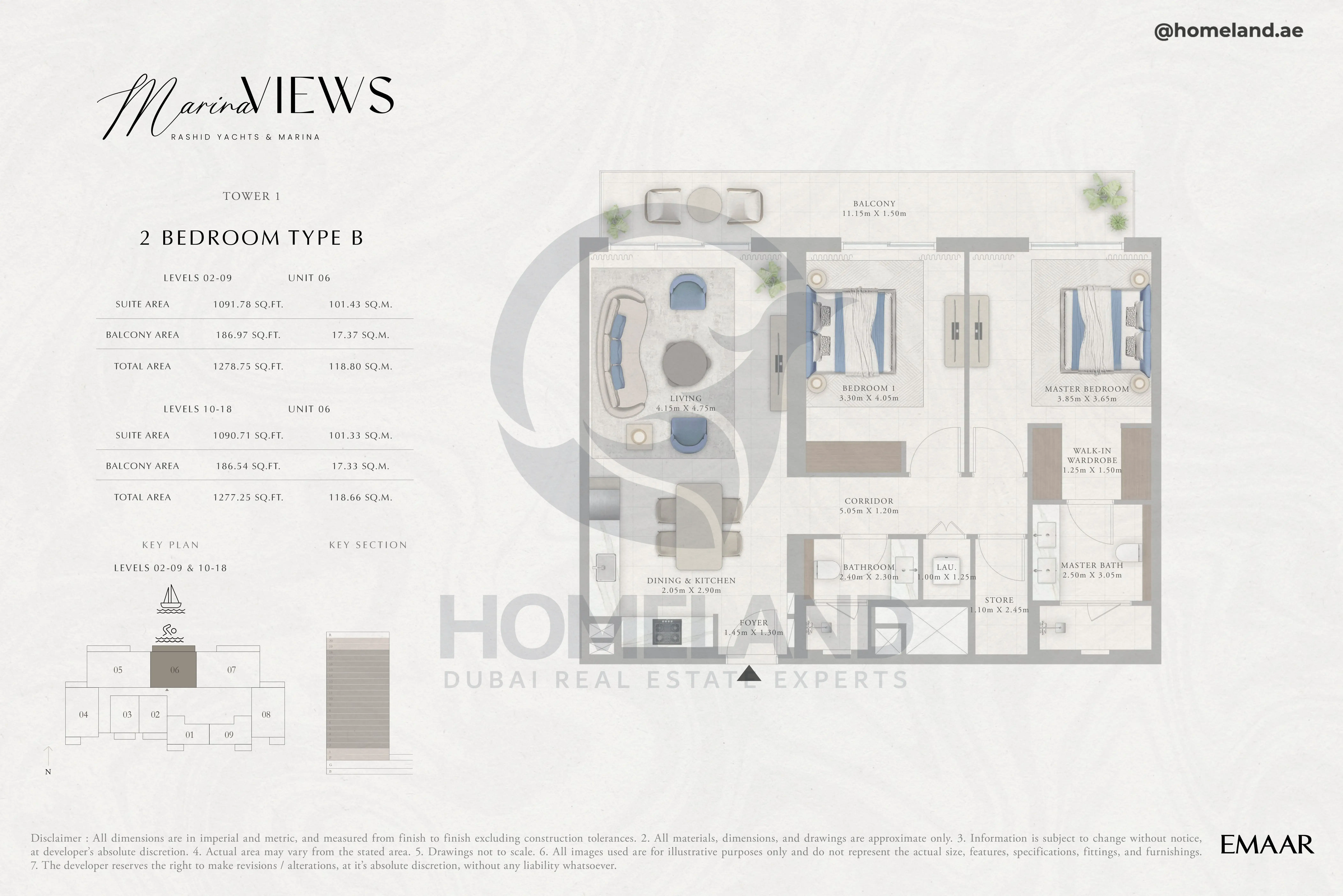 Marina Views, Tower 1, 2BR, Type B, Level 2 to 18, Unit 06, 1278 SQFT