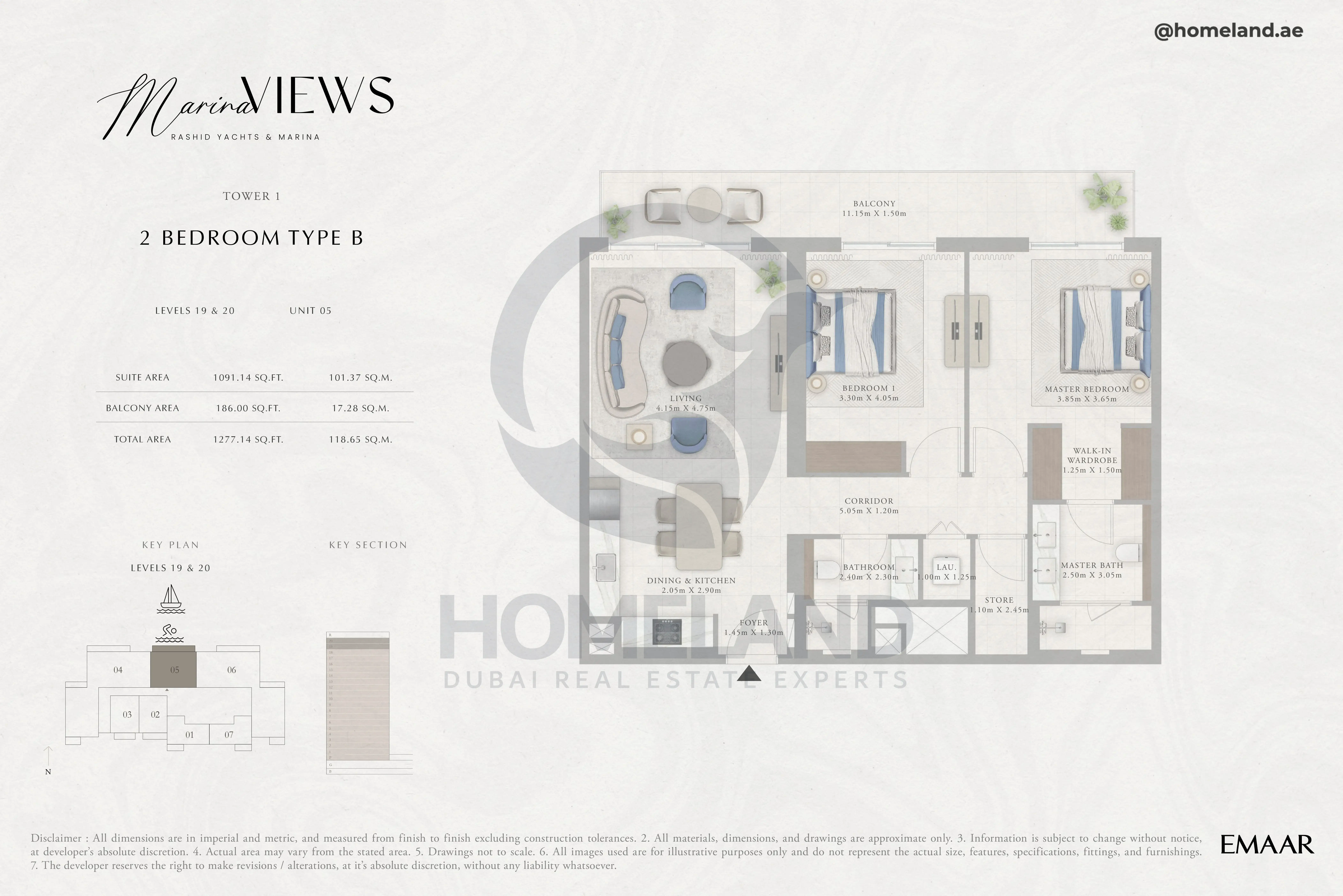 Marina Views, Tower 1, 2BR, Type B, Level 19 & 20, Unit 05, 1277 SQFT