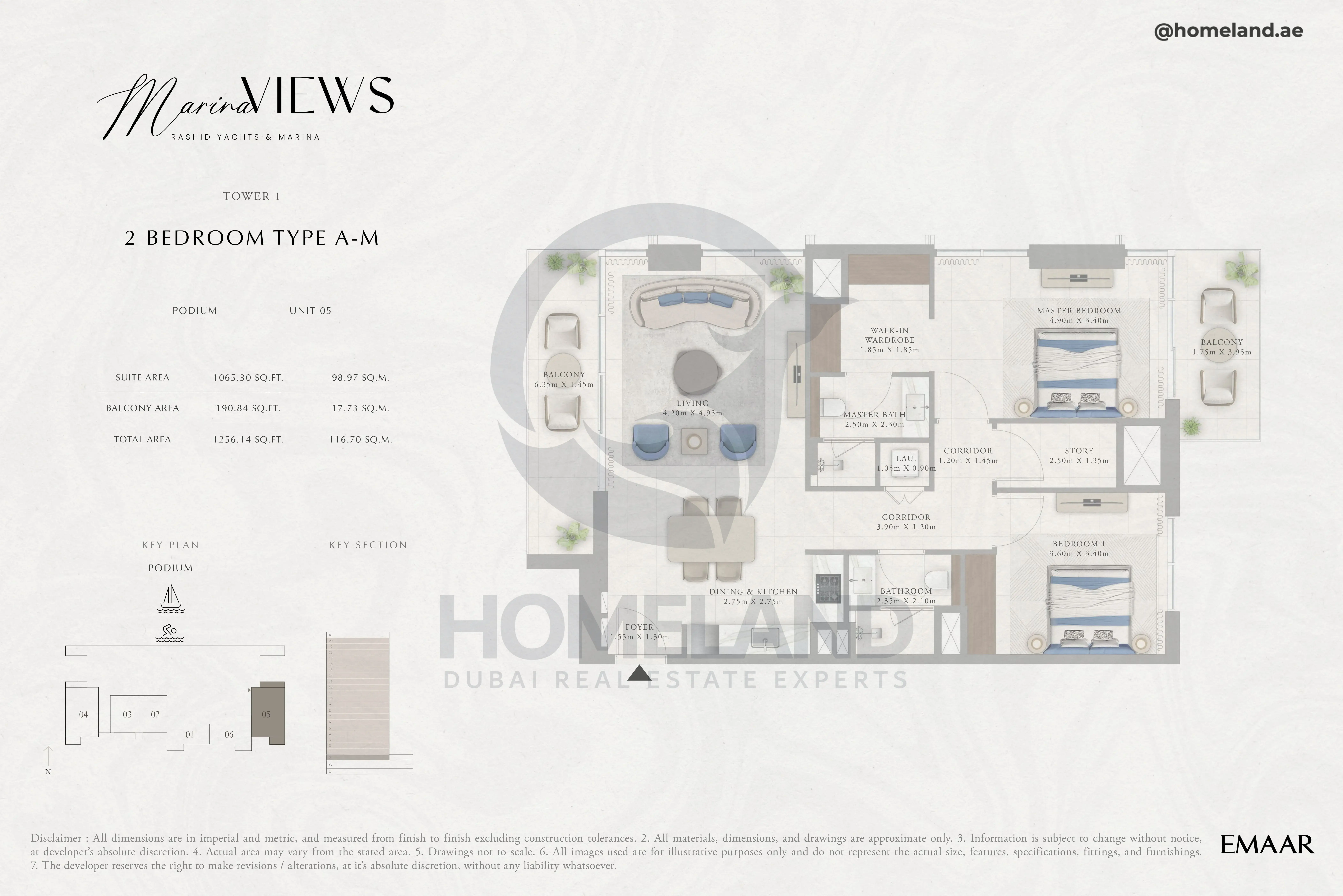 Marina Views, Tower 1, 2BR, Type A-M, Podium, Unit 05, 1256 SQFT