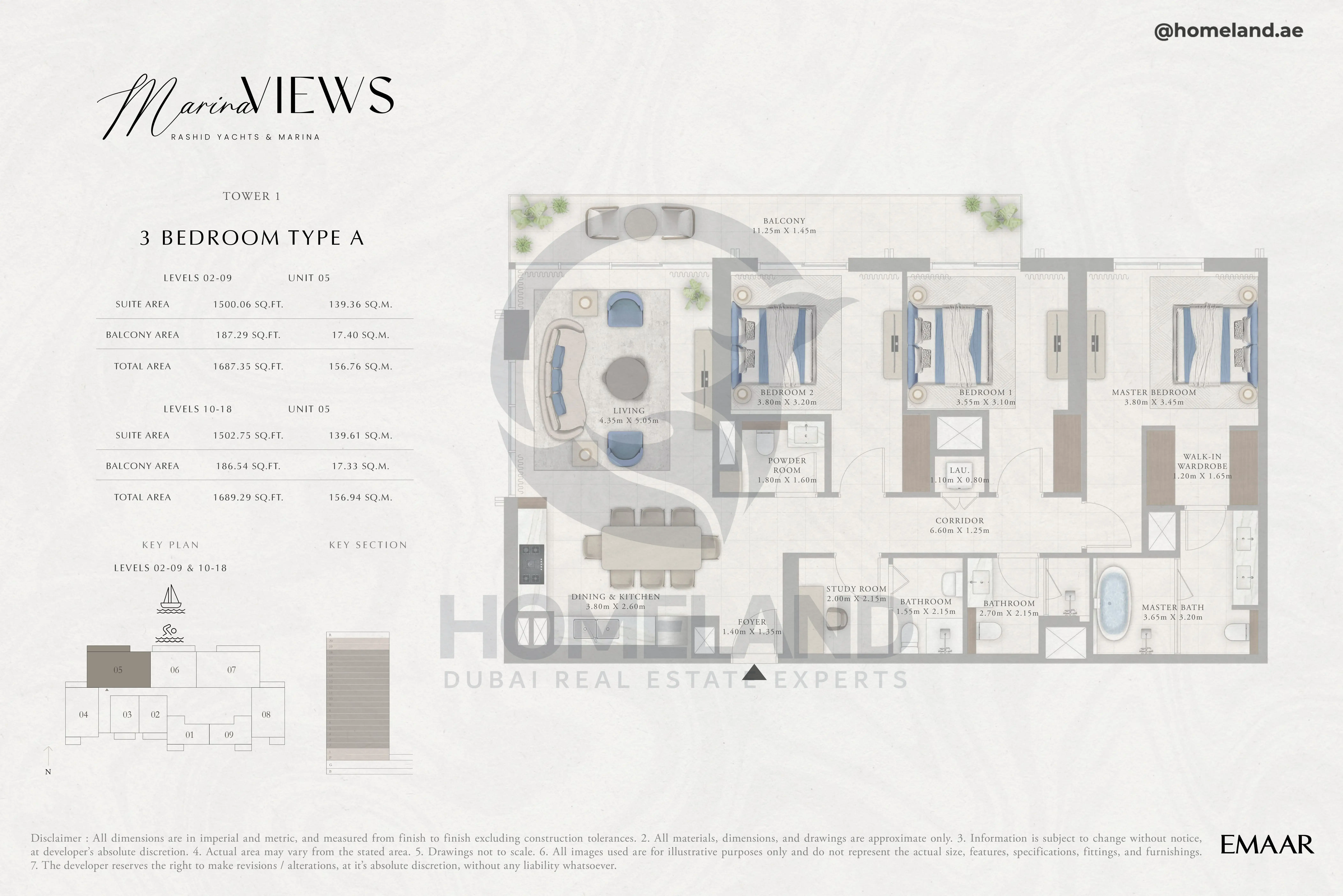 Marina Views, Tower 1, 3BR, Type A, Level 2 to 18, Unit 05, 1689 SQFT