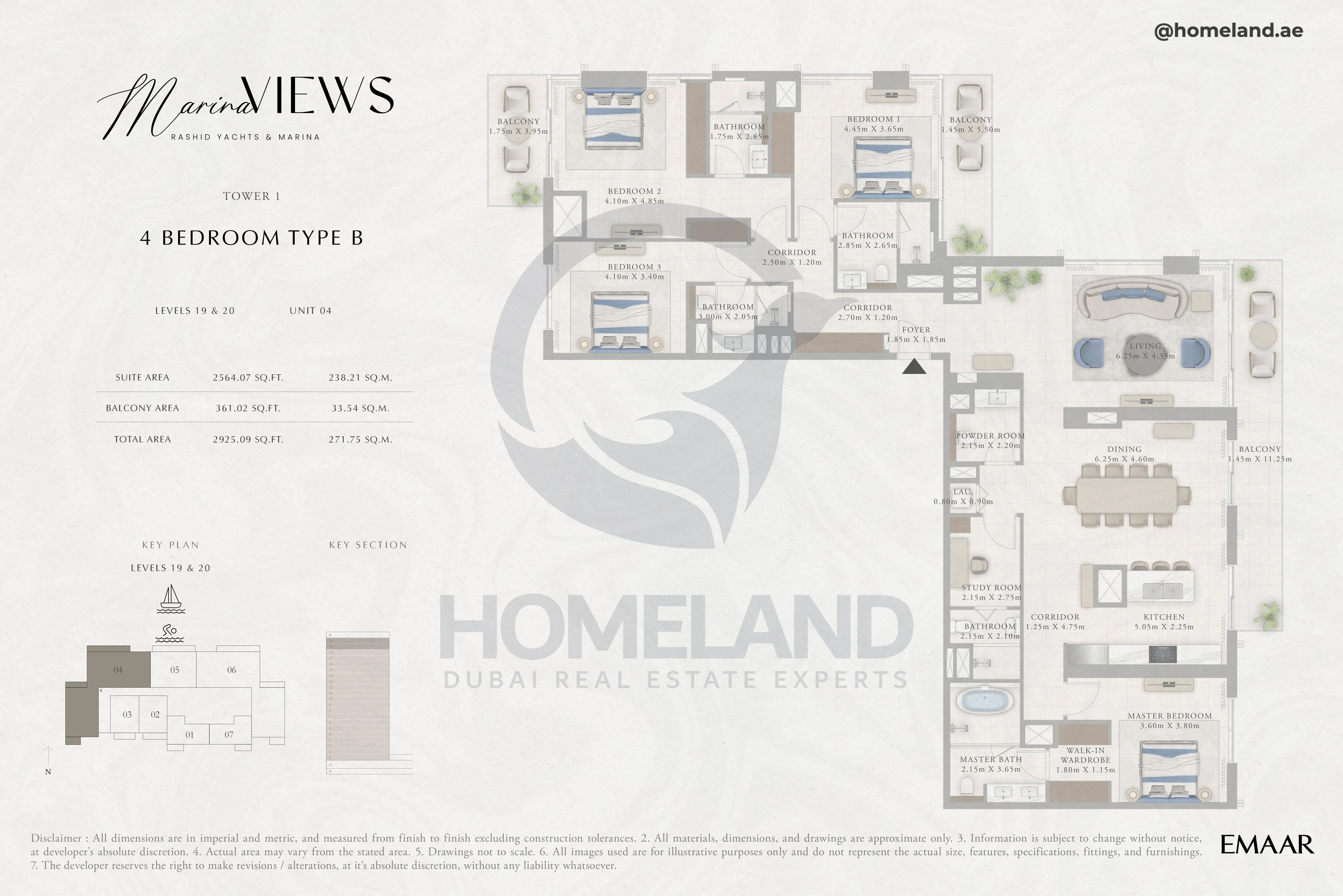 Marina Views, Tower 1, 4BR, Type B, Level 19 & 20, Unit 04, 2925 SQFT