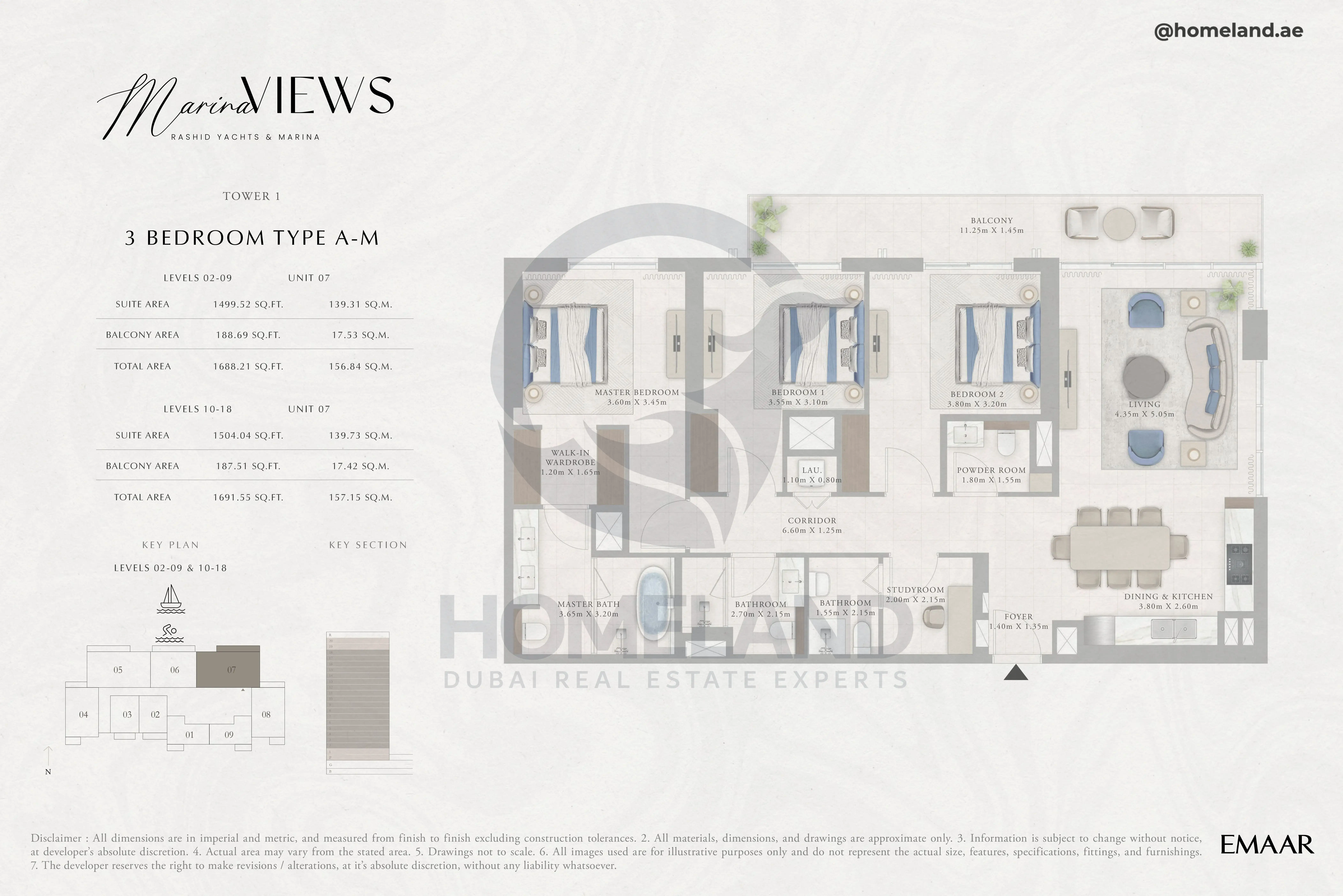 Marina Views, Tower 1, 3BR, Type A-M, Level 2 to 18, Unit 07, 1691 SQFT