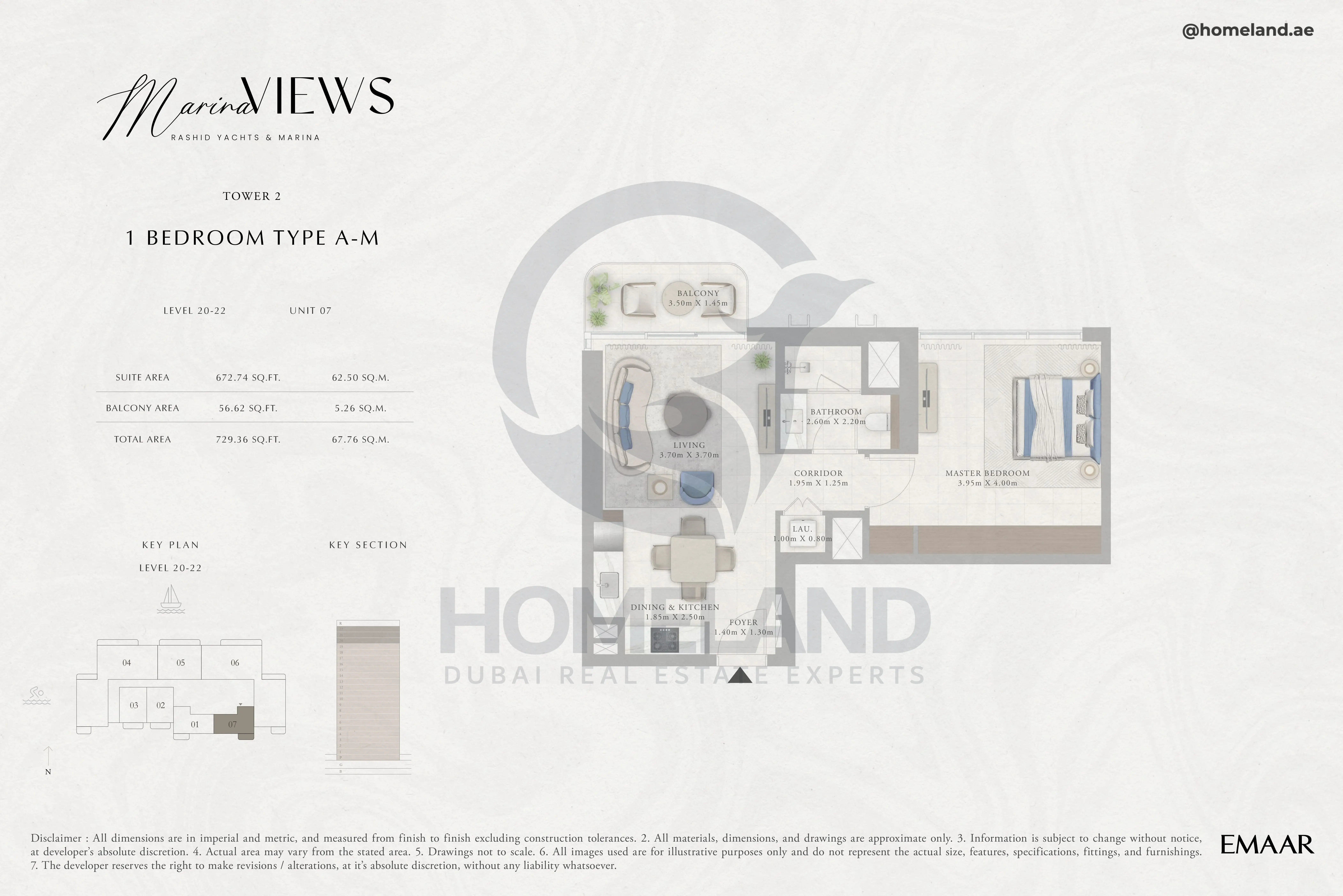 Marina Views, Tower 2, 1BR, Type A-M, Level 20 to 22, Unit 07, 729 SQFT