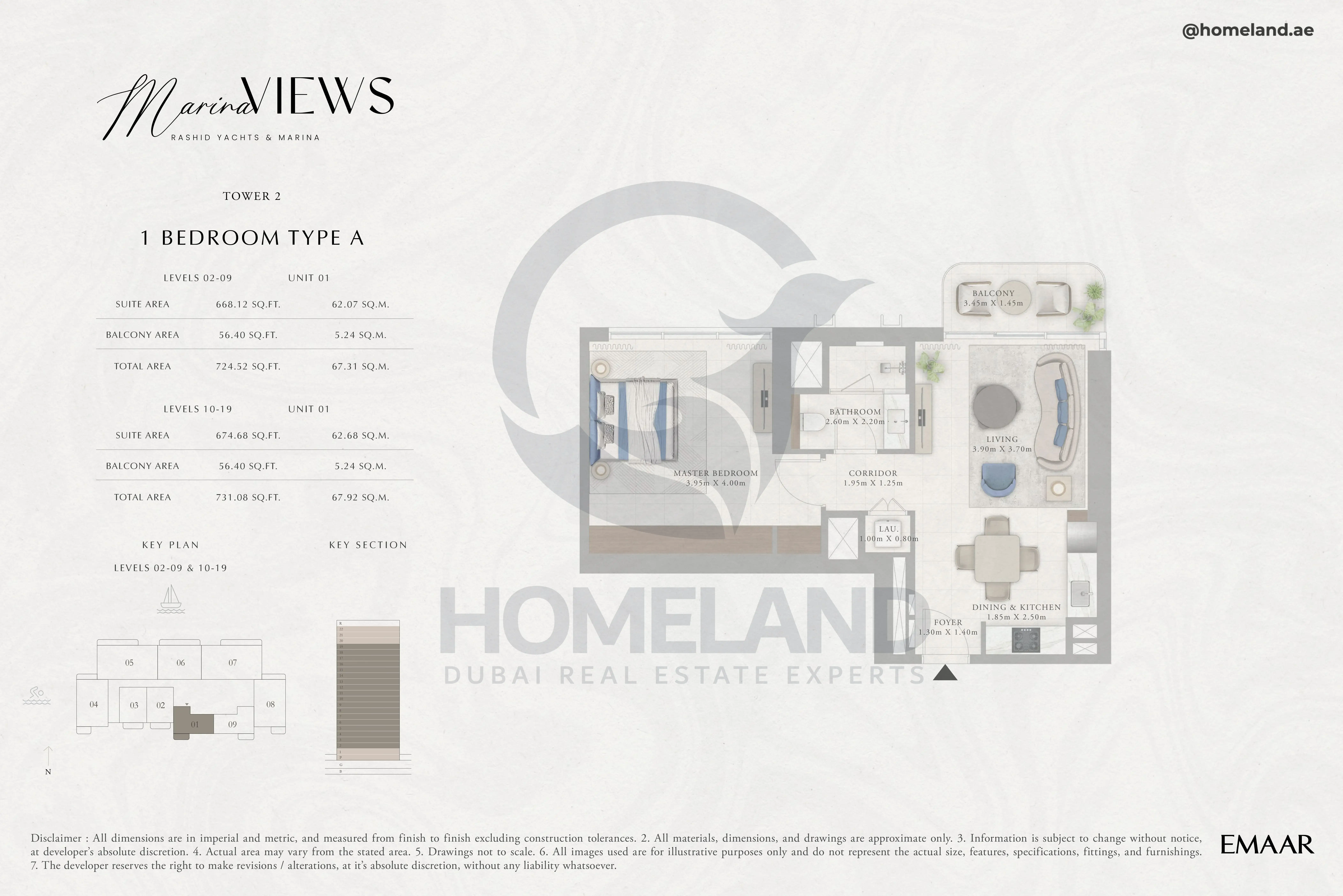 Marina Views, Tower 2, 1BR, Type A, Level 2 to 19, Unit 01, 731 SQFT