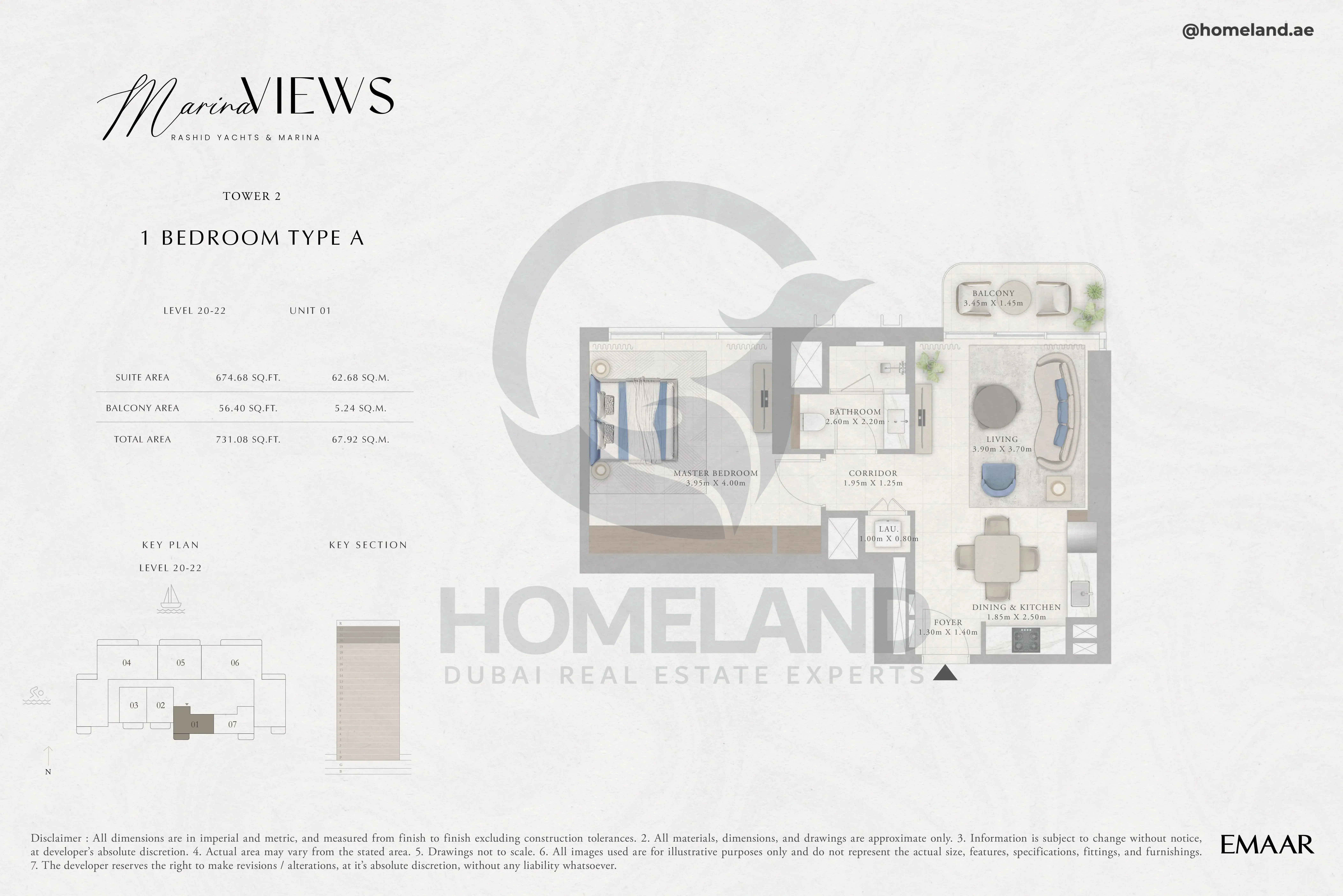 Marina Views, Tower 2, 1BR, Type A, Level 20 to 22, Unit 01, 731 SQFT