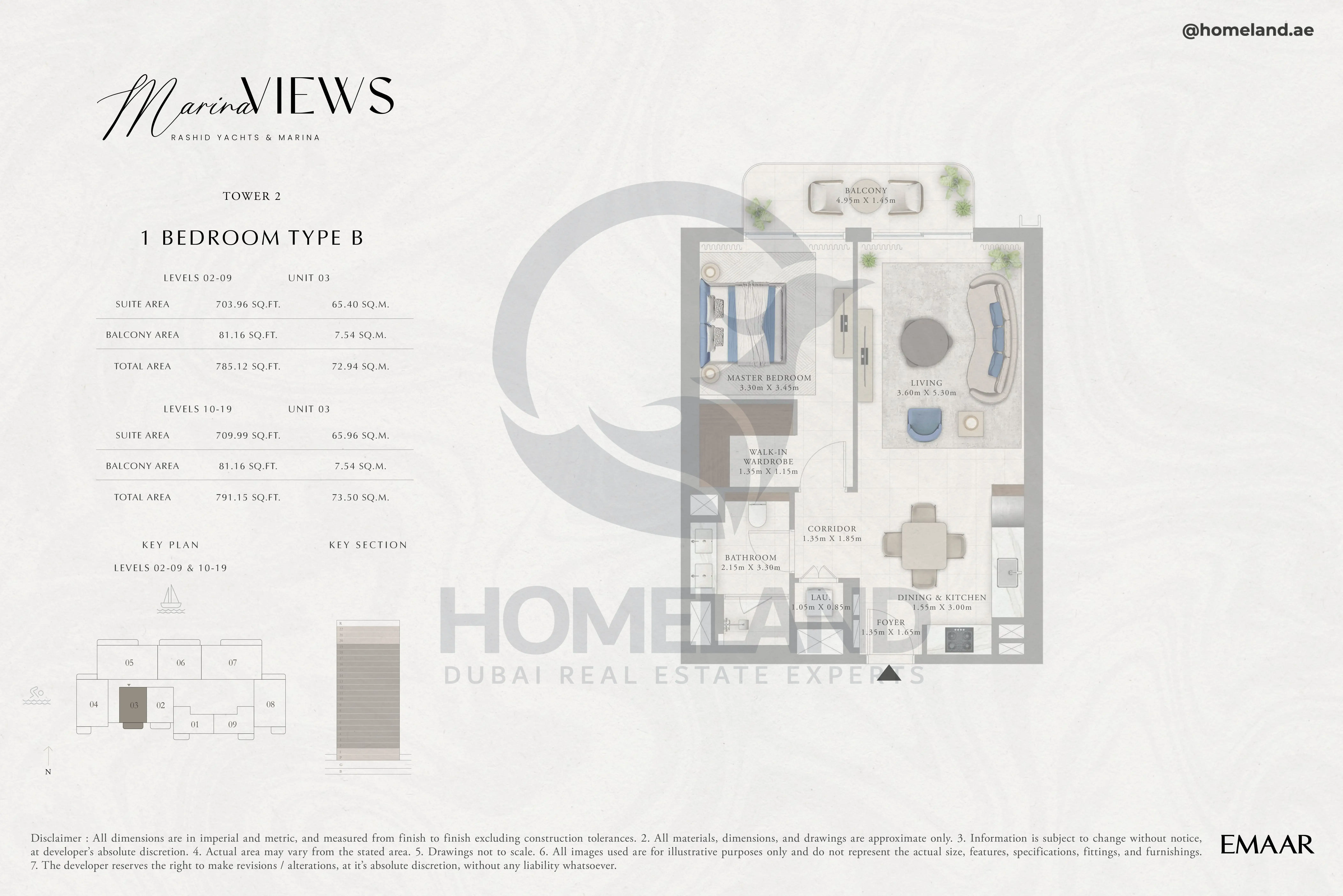 Marina Views, Tower 2, 1BR, Type B, Level 2 to 19, Unit 03, 791 SQFT