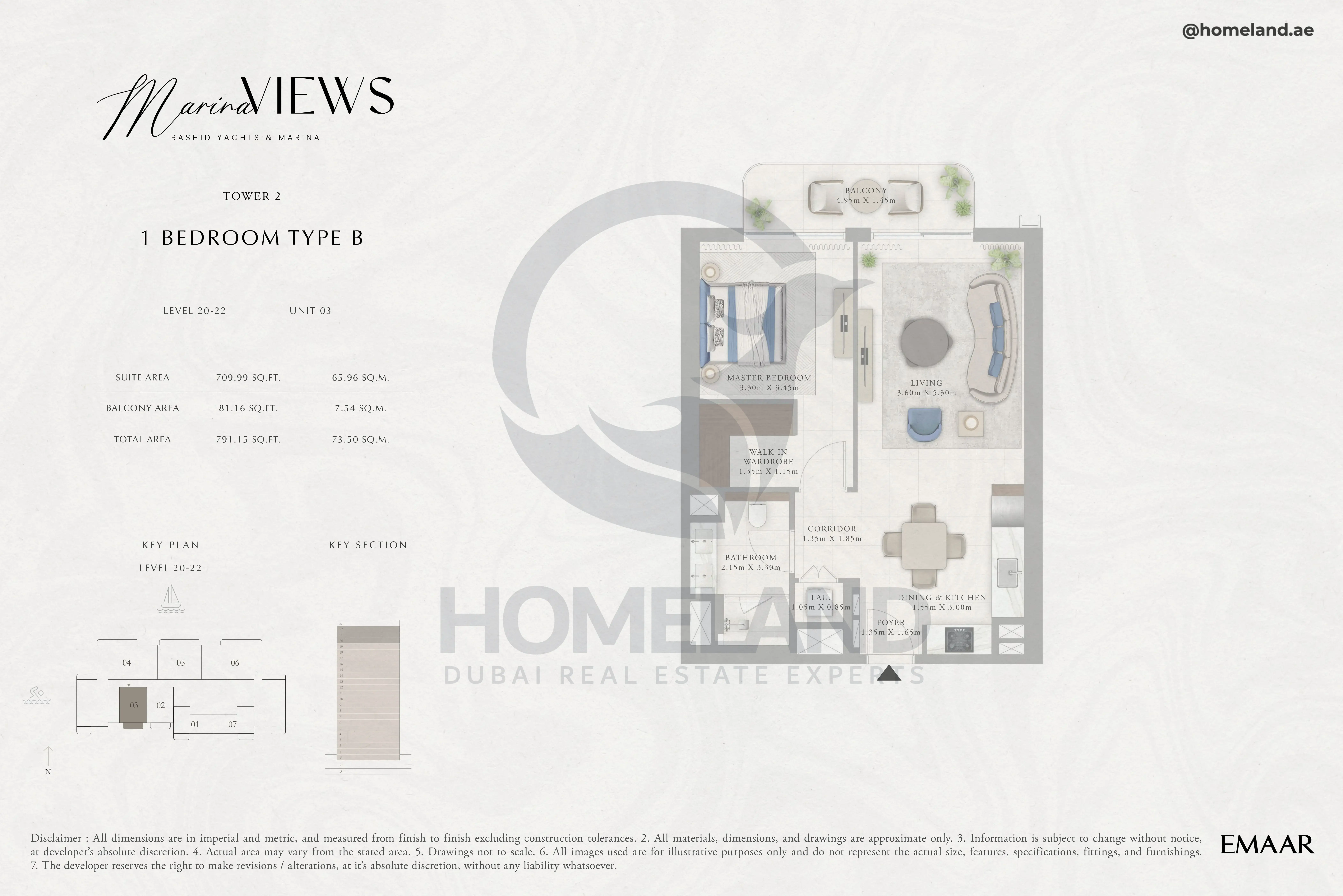 Marina Views, Tower 2, 1BR, Type B, Level 20 to 22, Unit 03, 791 SQFT