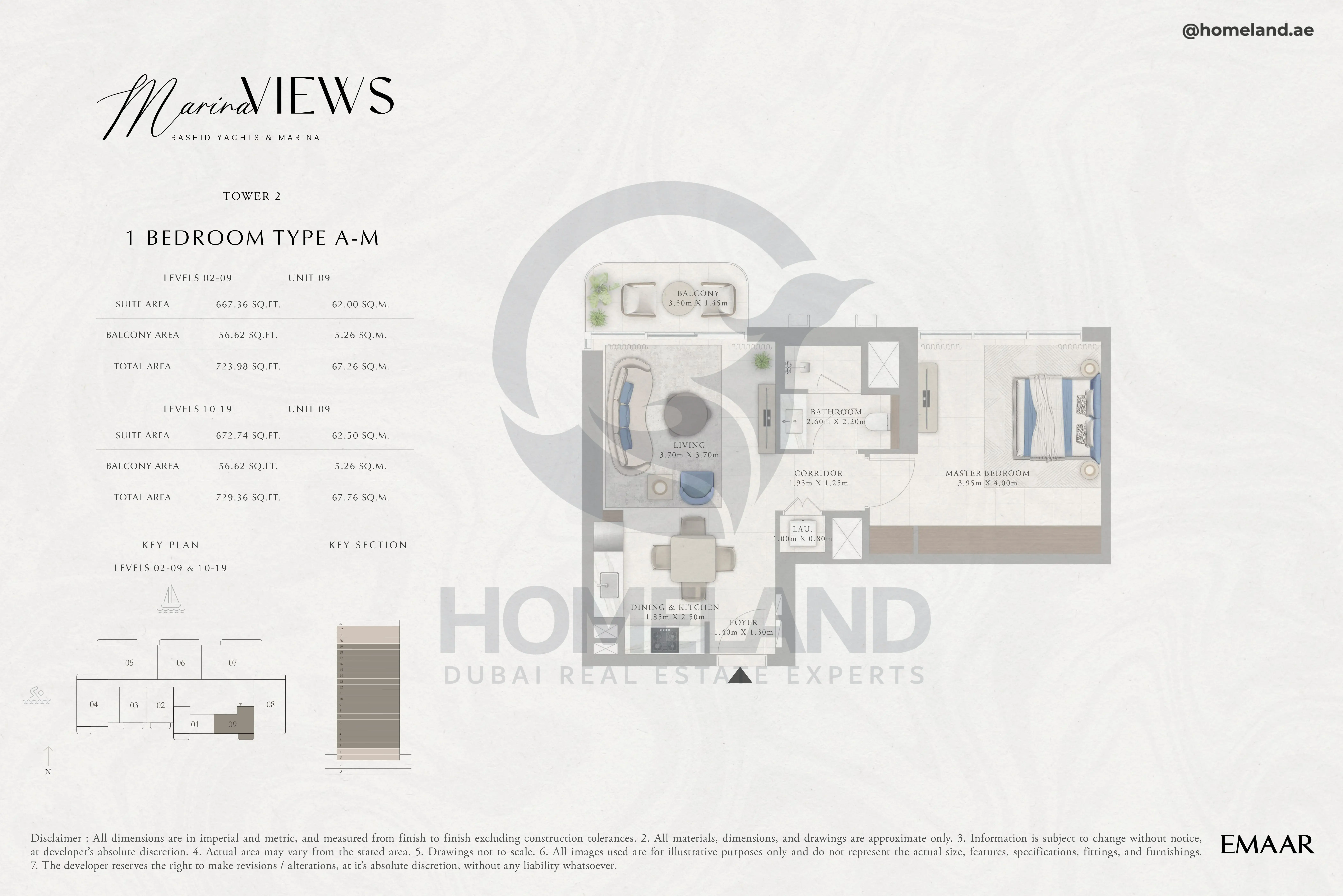 Marina Views, Tower 2, 1BR, Type A-M, Level 2 to 19, Unit 09, 729 SQFT