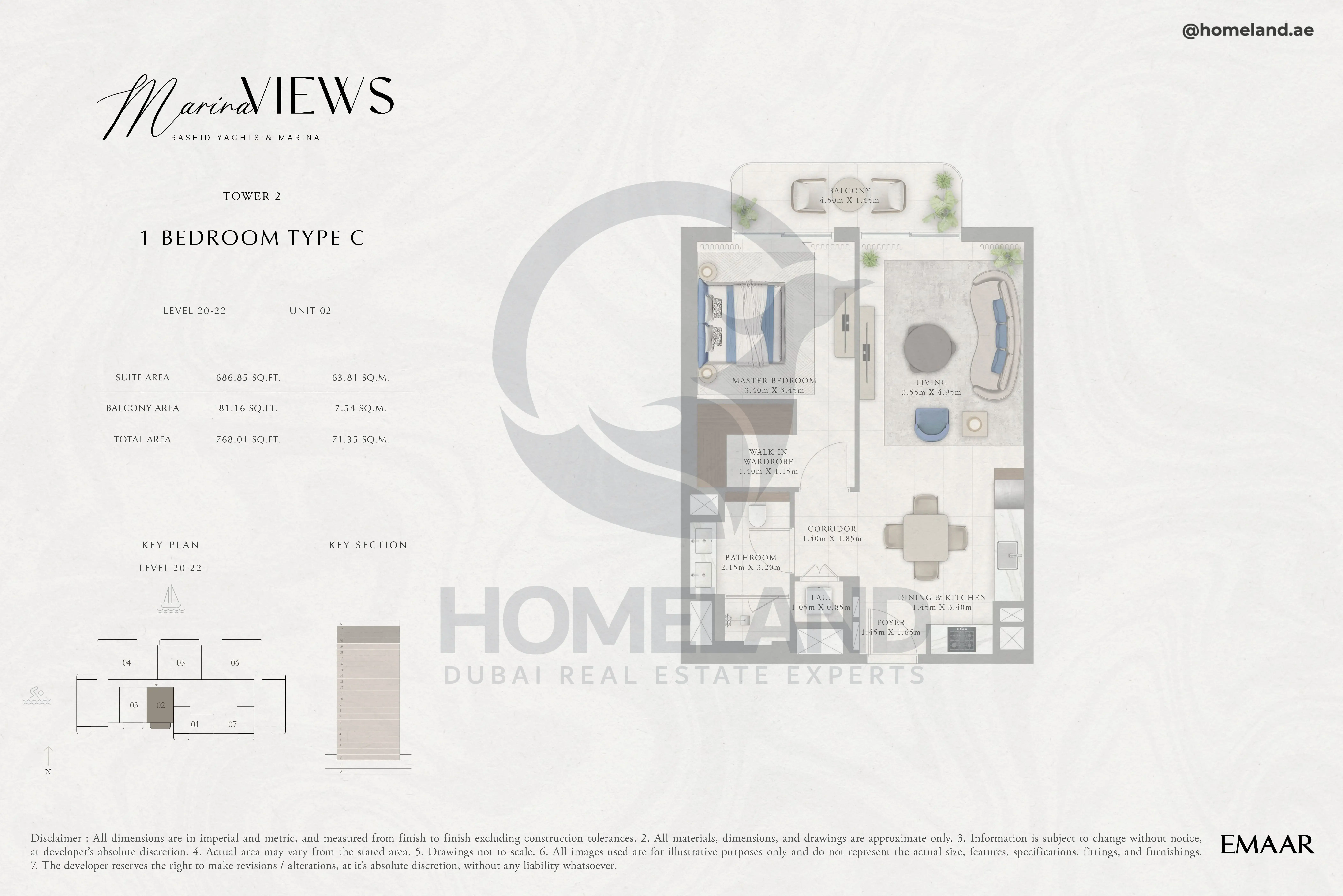 Marina Views, Tower 2, 1BR, Type C, Level 20 to 22, Unit 02, 768 SQFT