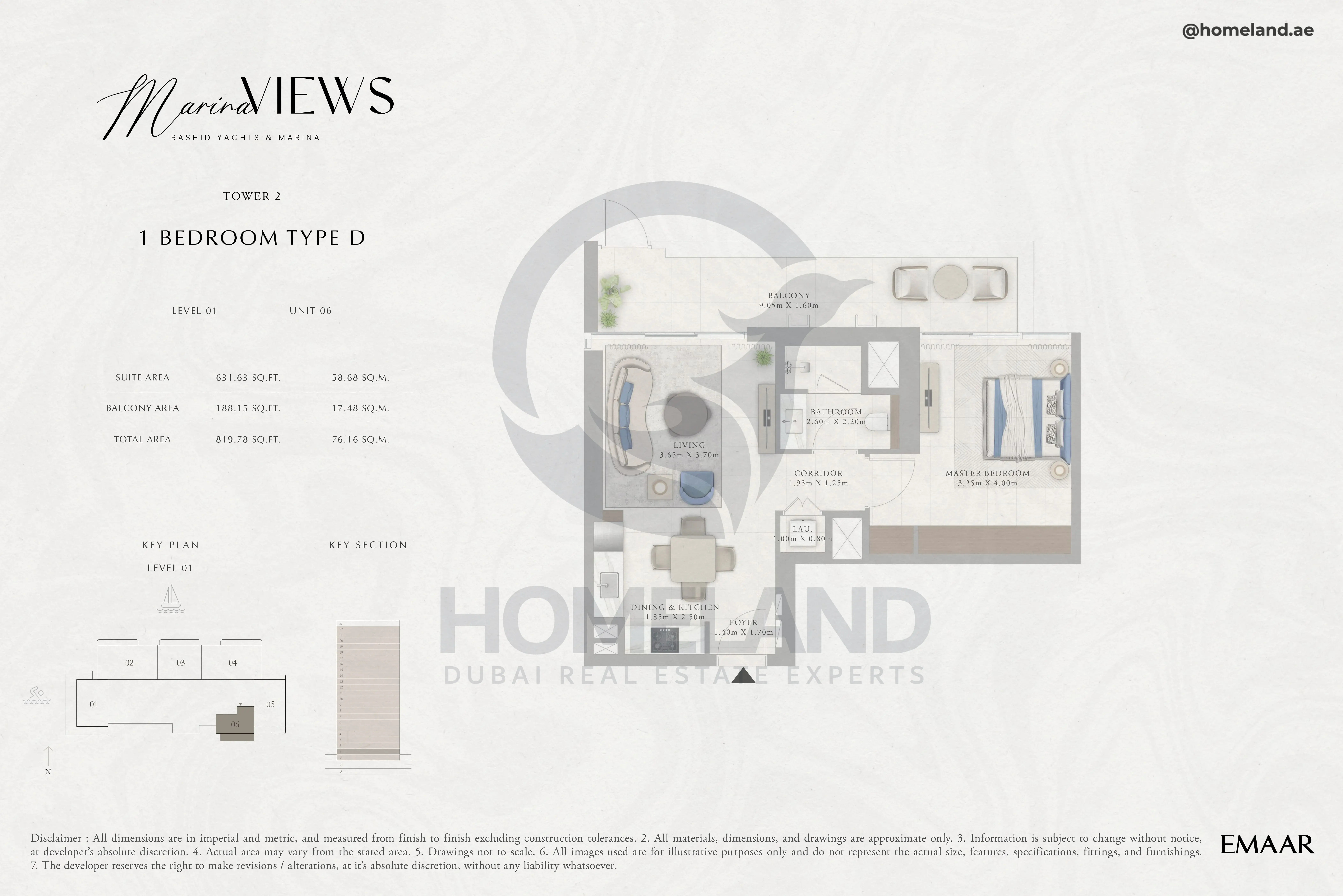 Marina Views, Tower 2, 1BR, Type D, Level 1, Unit 06, 819 SQFT