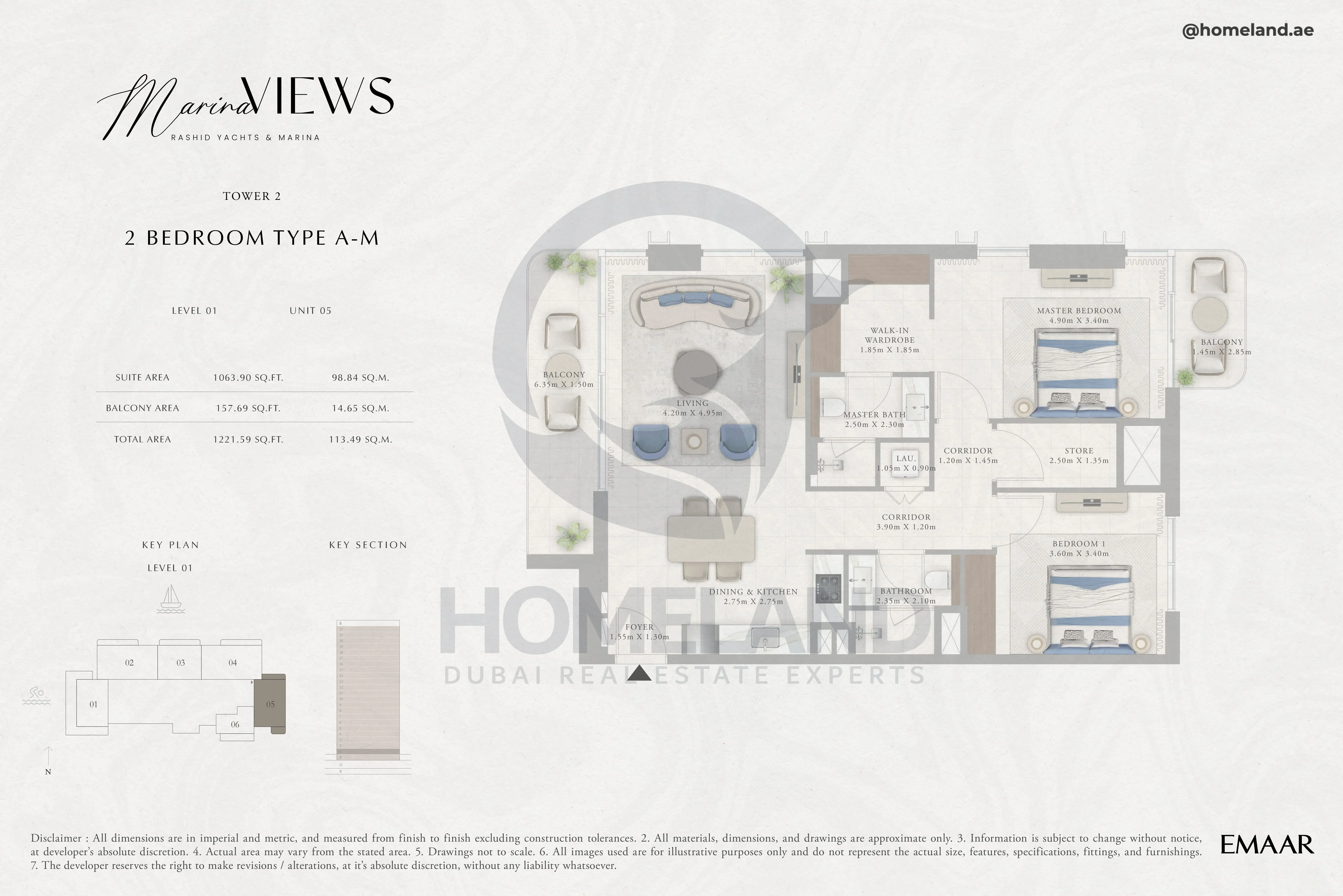 Marina Views, Tower 2, 2BR, Type A-M, Level 1, Unit 05, 1221 SQFT