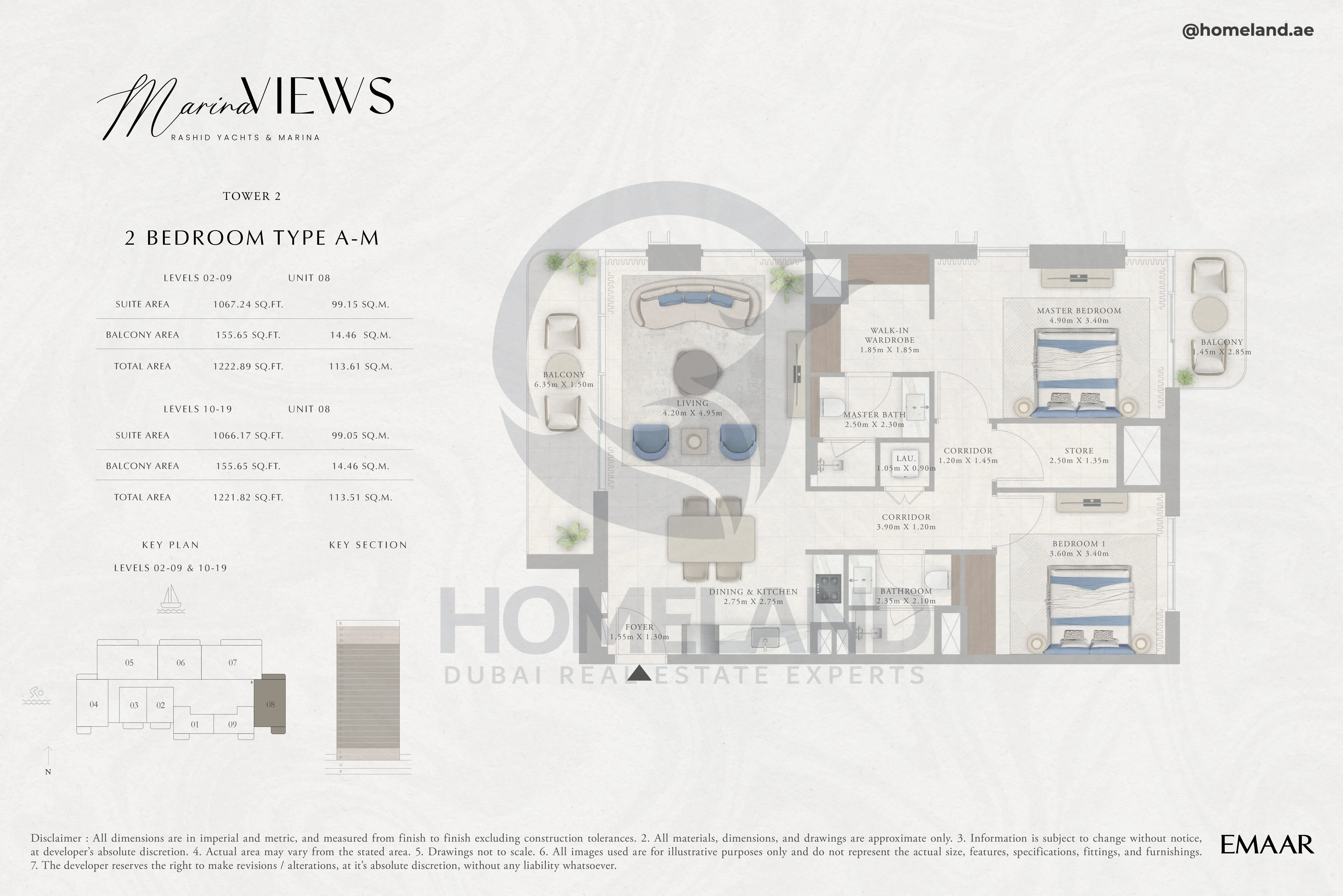 Marina Views, Tower 2, 2BR, Type A-M, Level 2 to 19, Unit 08, 1222 SQFT