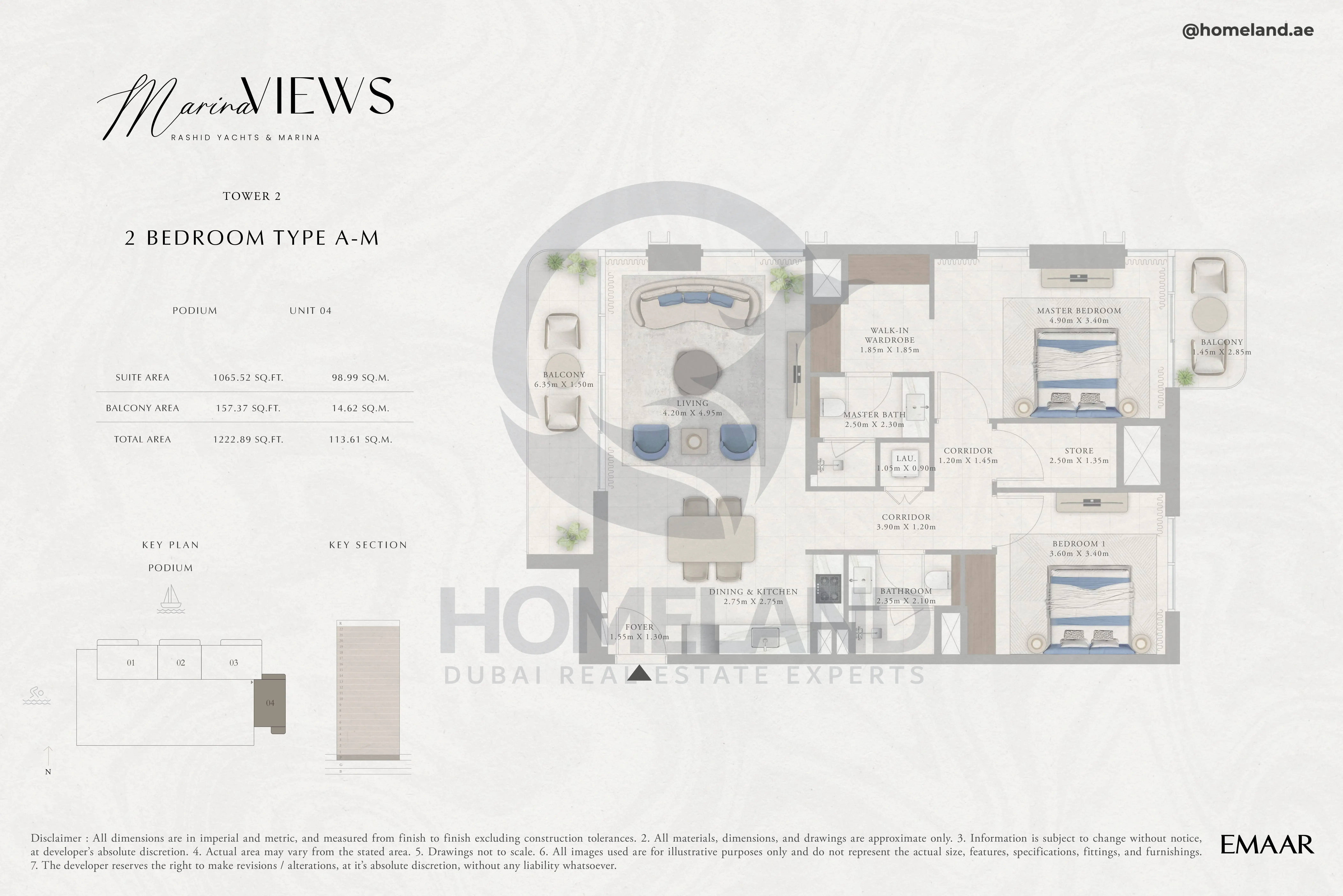 Marina Views, Tower 2, 2BR, Type A-M, Podium, Unit 04, 1222 SQFT