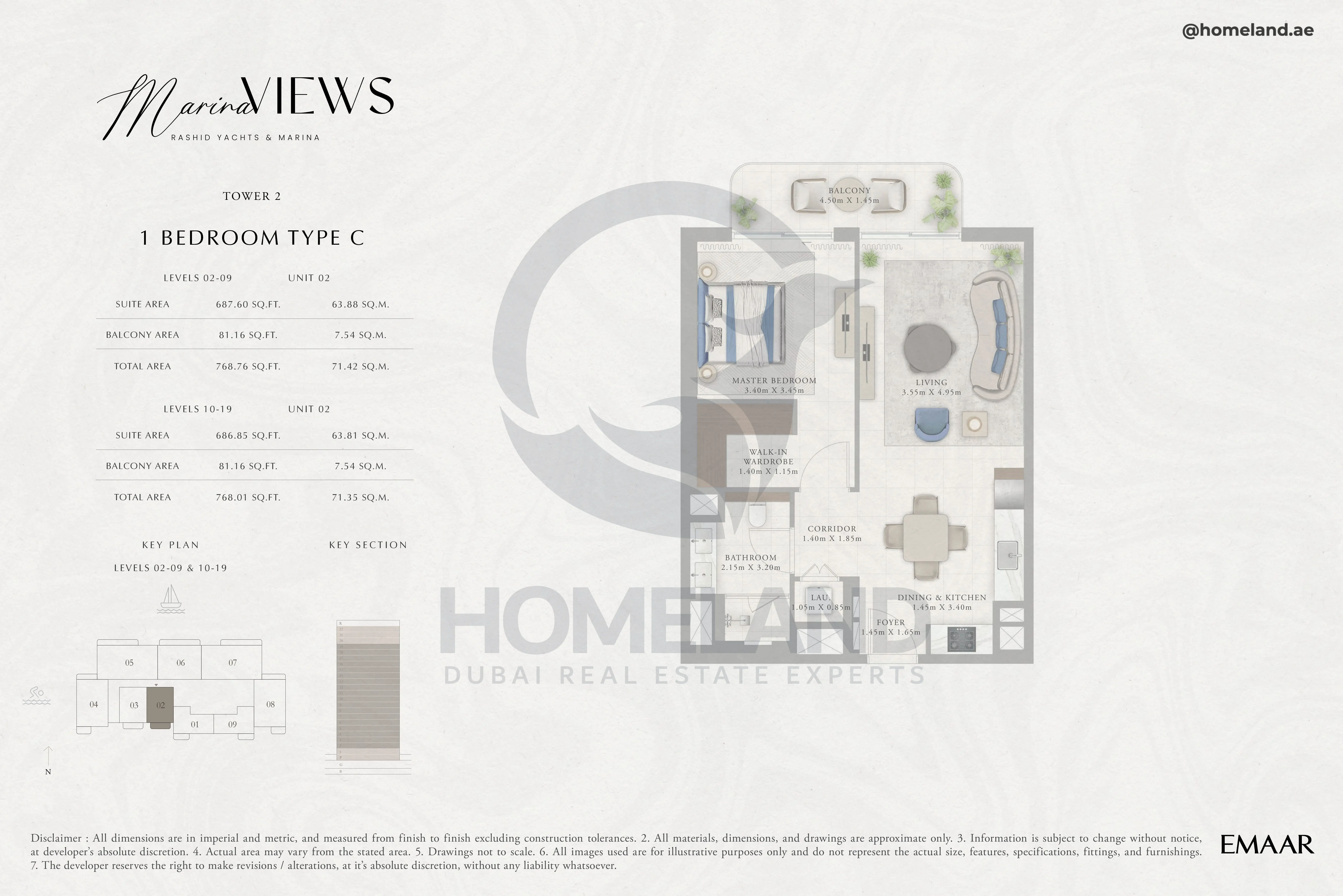 Marina Views, Tower 2, 1BR, Type C, Level 2 to 19, Unit 02, 768 SQFT