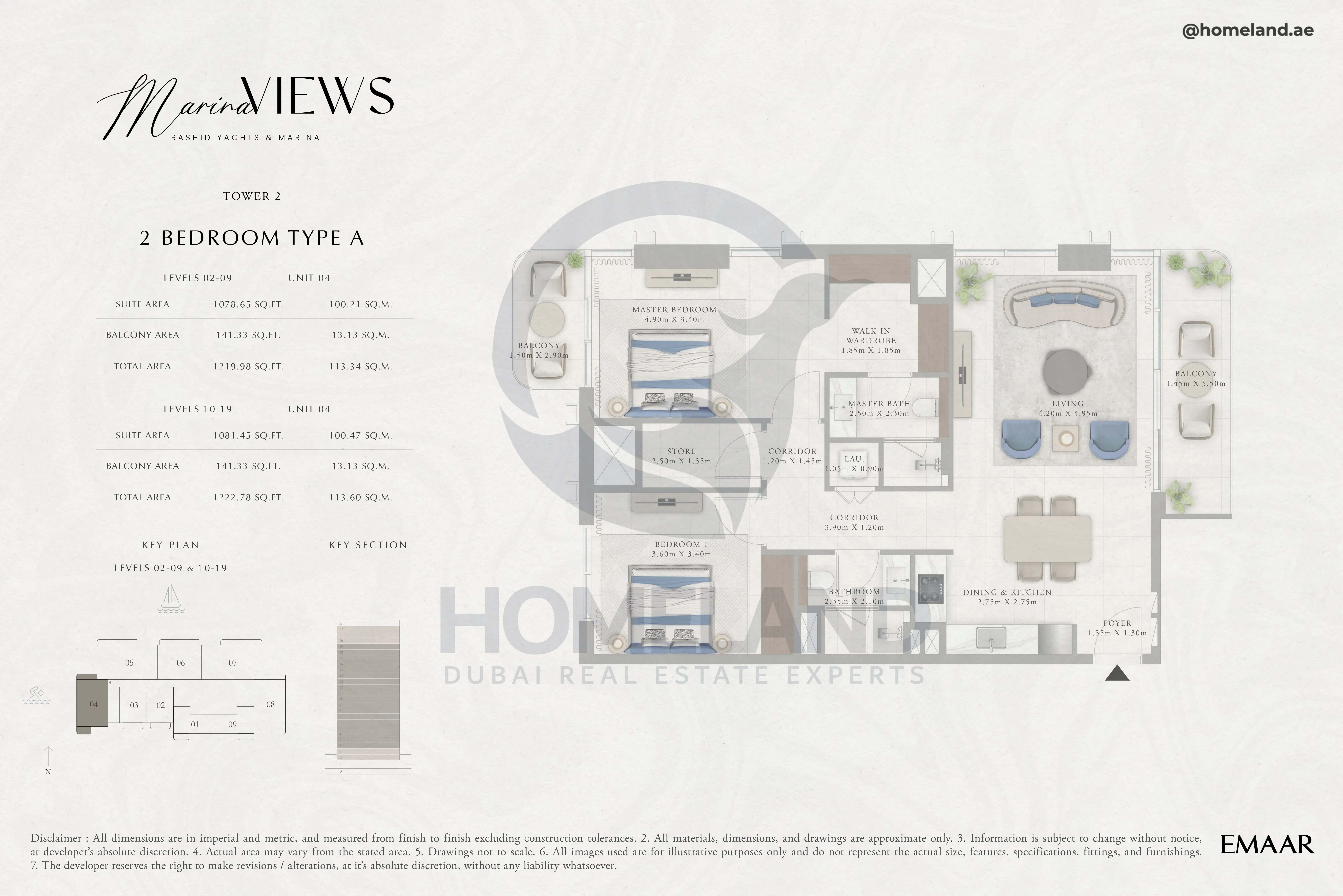 Marina Views, Tower 2, 2BR, Type A, Level 2 to 19, Unit 04, 1222 SQFT