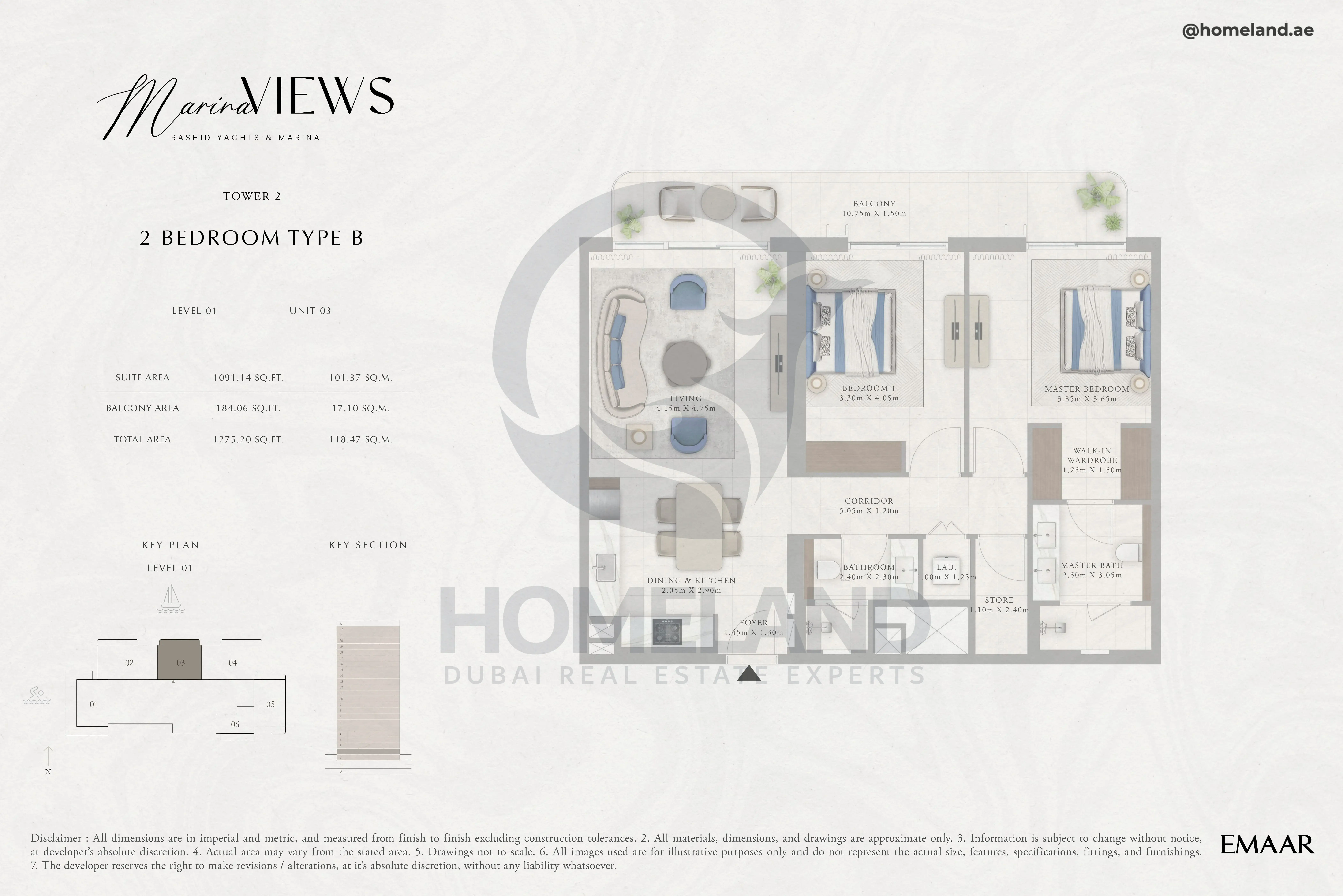 Marina Views, Tower 2, 2BR, Type B, Level 1, Unit 03, 1275 SQFT