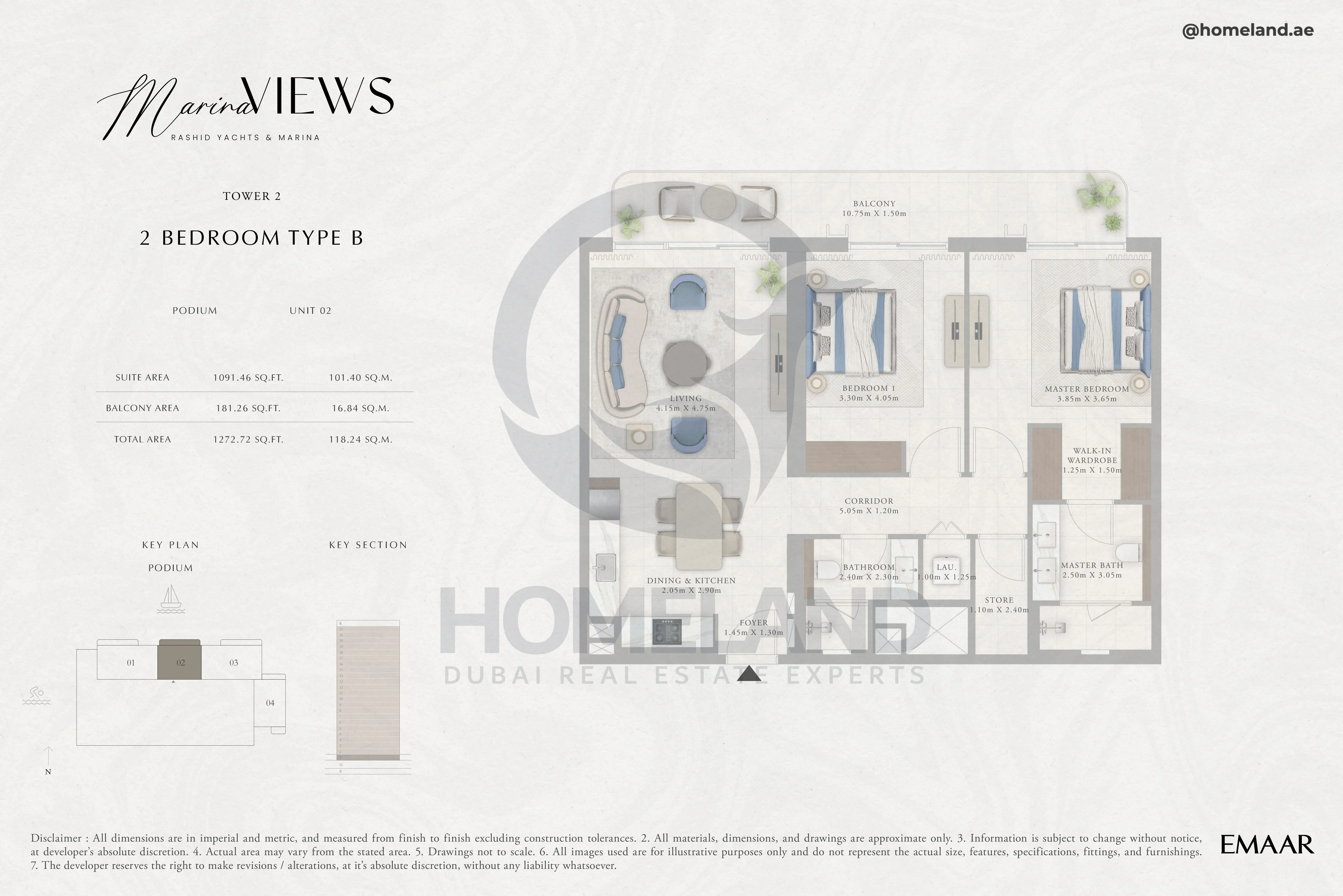 Marina Views, Tower 2, 2BR, Type B, Podium, Unit 02, 1272 SQFT