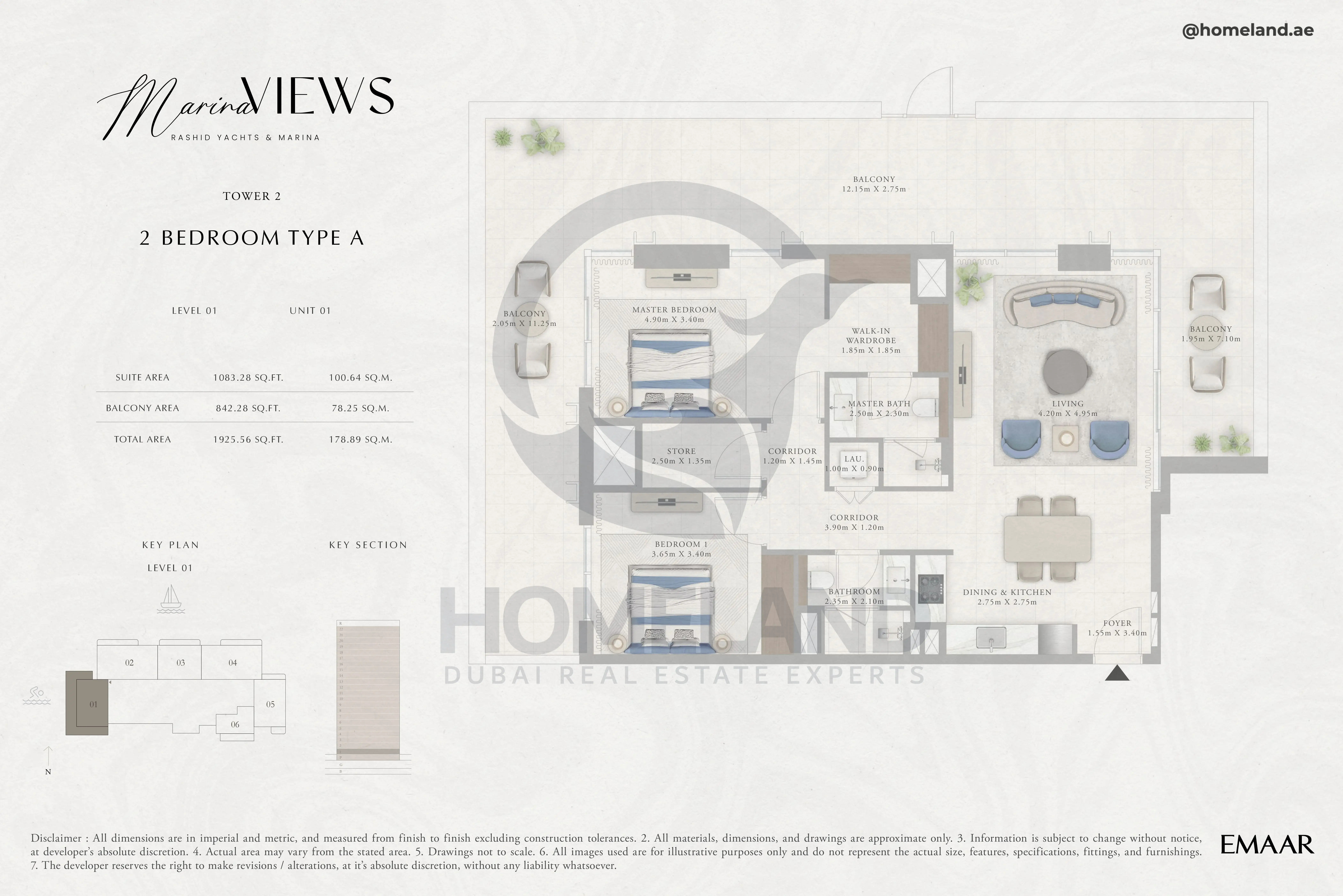Marina Views, Tower 2, 2BR, Type A, Level 1, Unit 01, 1925 SQFT