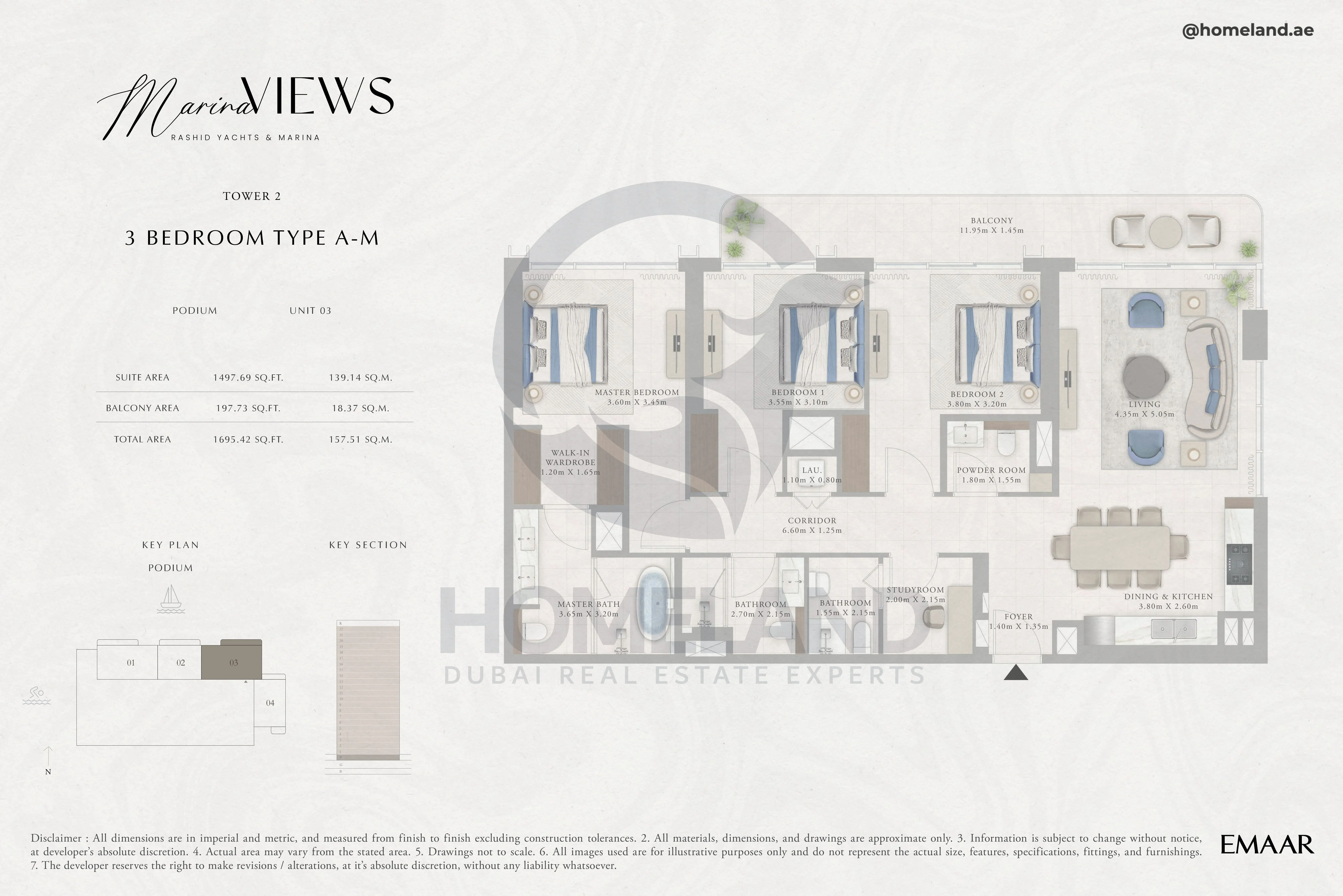 Marina Views, Tower 2, 3BR, Type A-M, Podium, Unit 03, 1695 SQFT