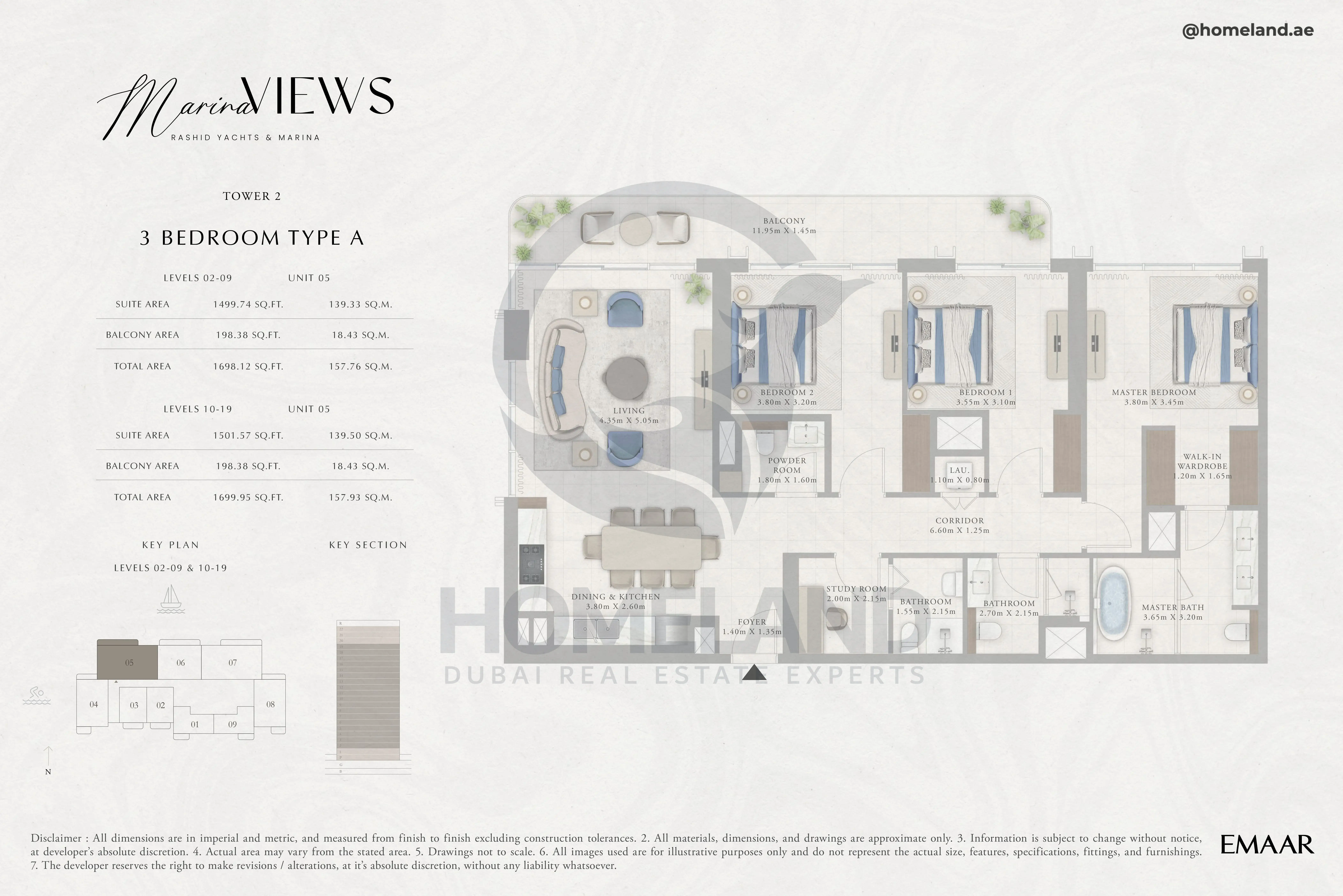 Marina Views, Tower 2, 3BR, Type A, Level 2 to 19, Unit 05, 1699 SQFT