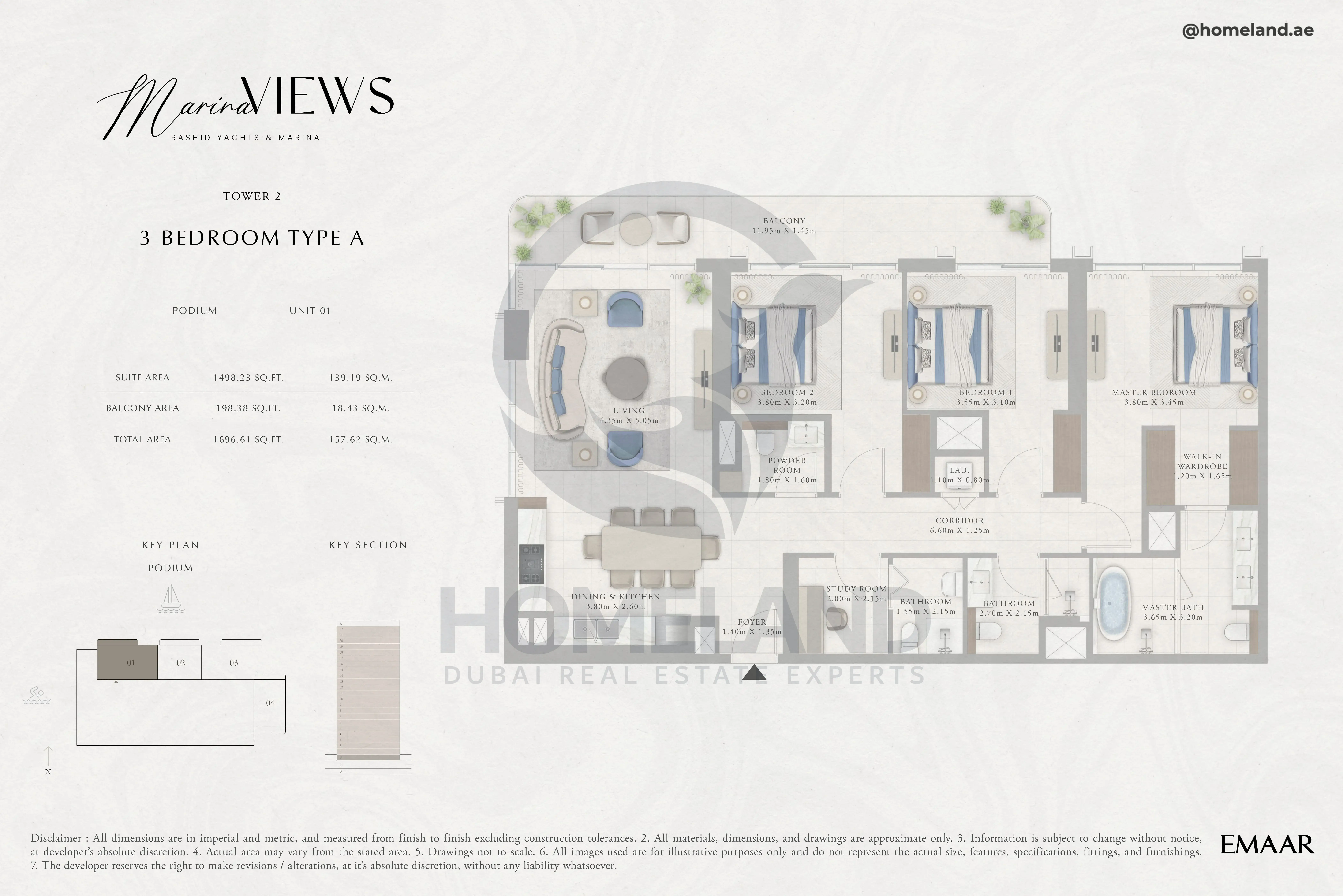 Marina Views, Tower 2, 3BR, Type A, Podium, Unit 01, 1696 SQFT