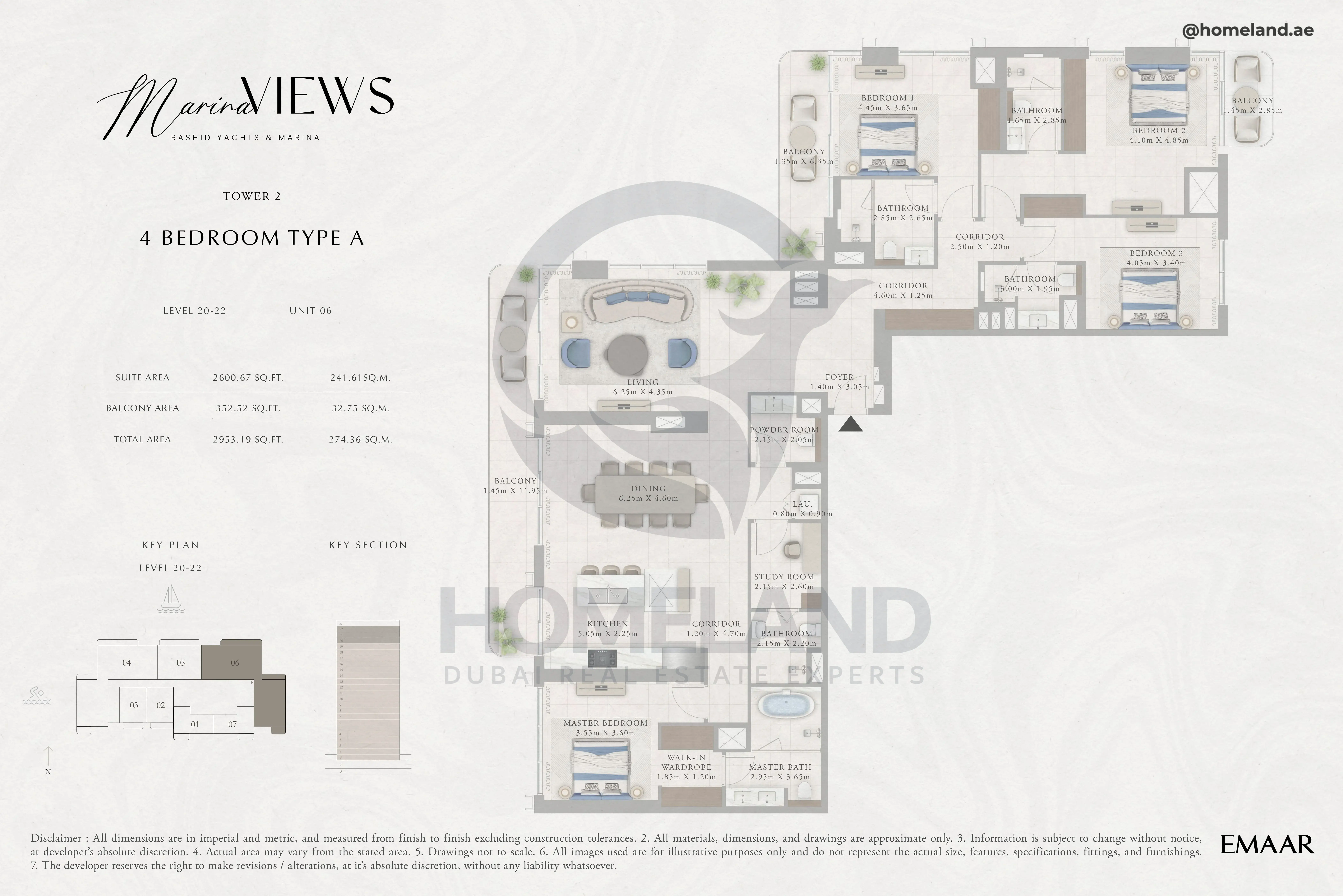 Marina Views, Tower 2, 4BR, Type A, Level 20 to 22, Unit 06, 2953 SQFT